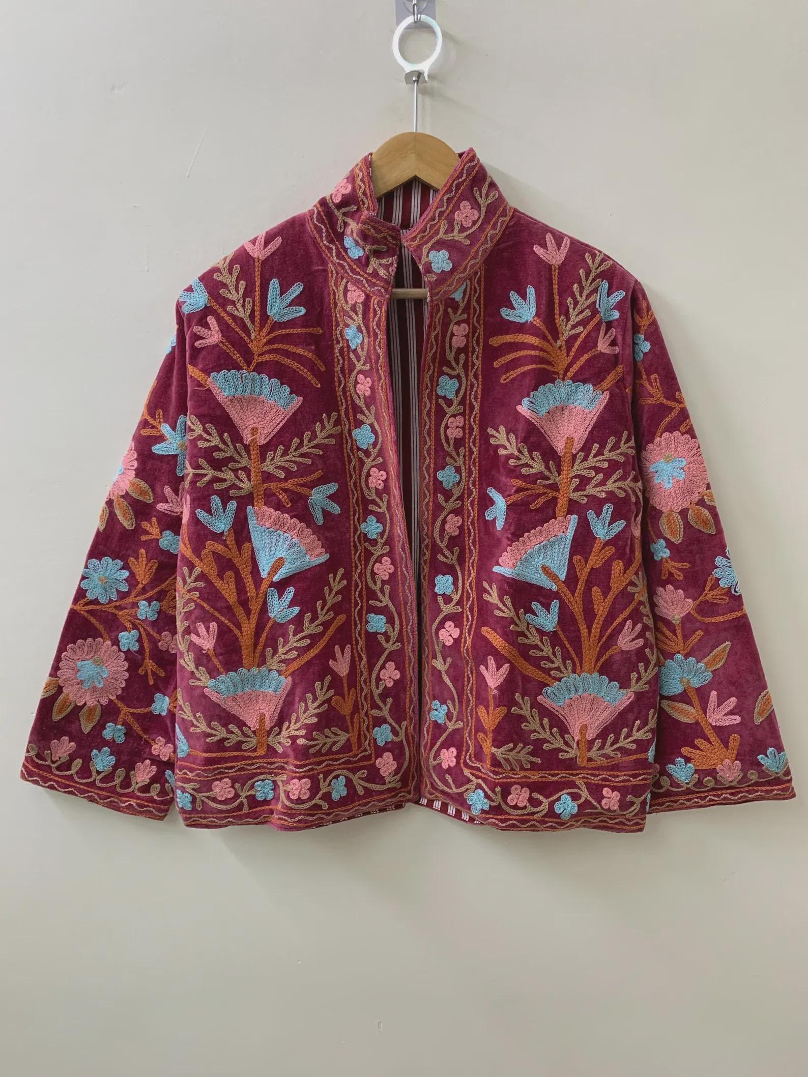 Maroon Soft Velvet Suzani Winter Short Jacket | Winter Handmade Jacket | Embroidered Jacket Coat | Velvet Jacket | Suzani Coat | One Size