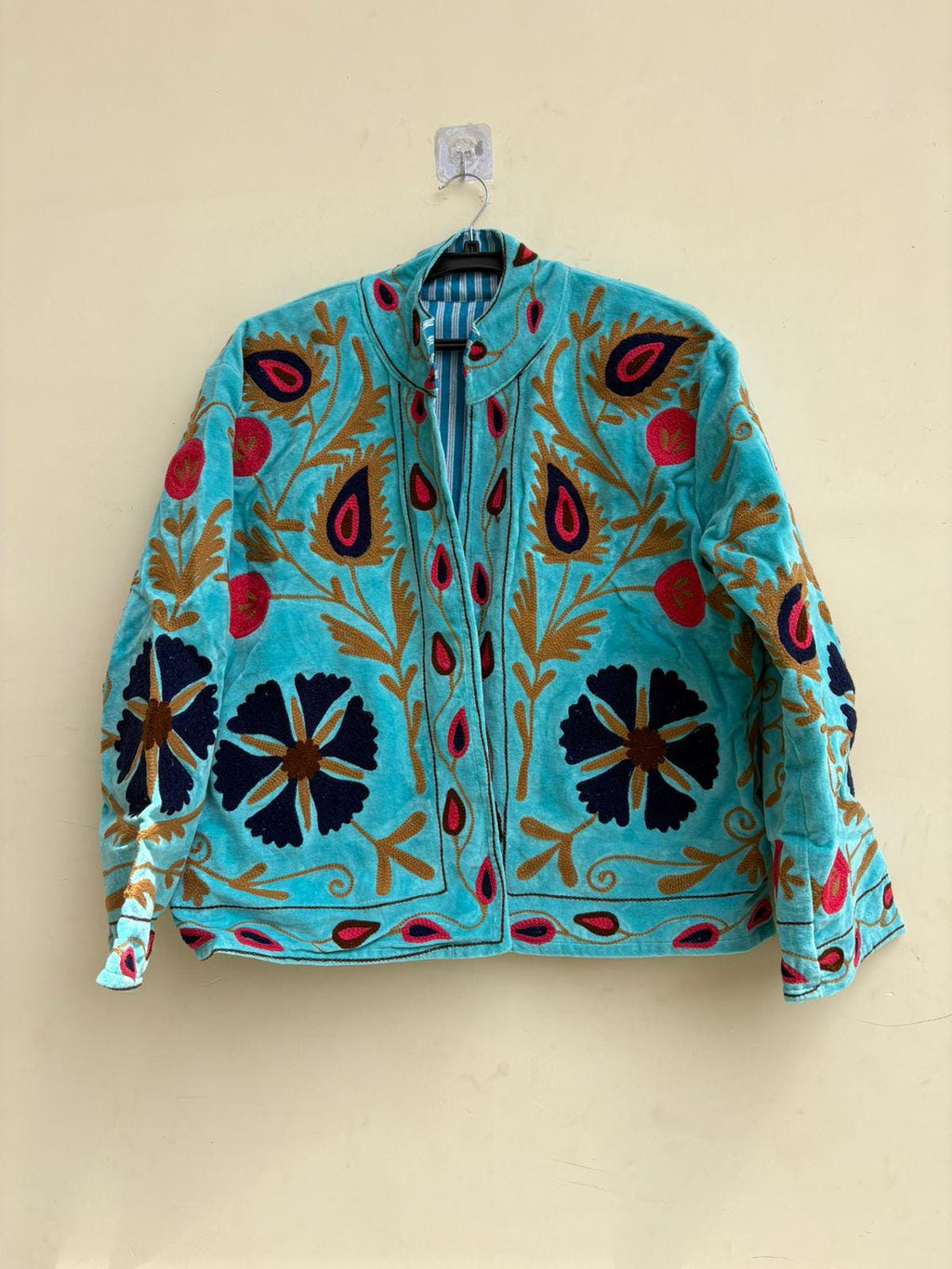 Blue Bohemian Suzani Velvet Artisan Jacket | Embroidered Traditional Coat | Ethnic Kimono Outerwear | Oversize Winter Jacket | Gift for Her