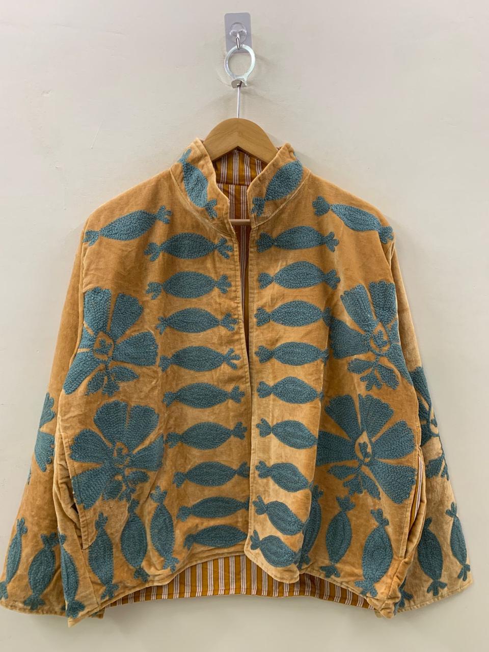 Boho Velvet Suzani Winter Short Jacket | Winter Handmade Jacket | Embroidered Jacket Coat | Velvet Jacket | Suzani Coat , Robe | One Size