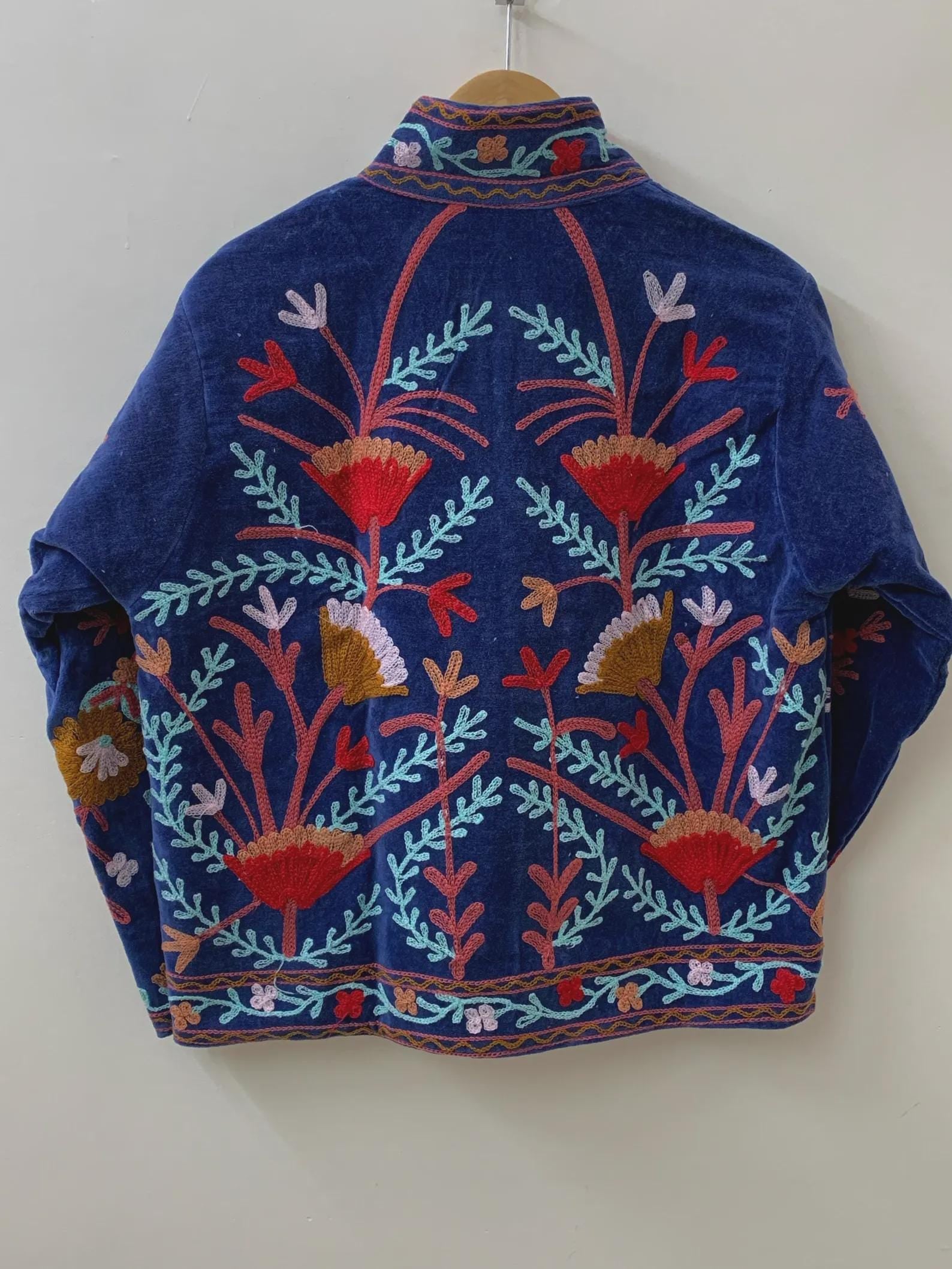 Winter Velvet Suzani Cropped Jacket | Traditional Embroidered Boho Coat | Short Festival Kimono Outerwear | Gift for Her