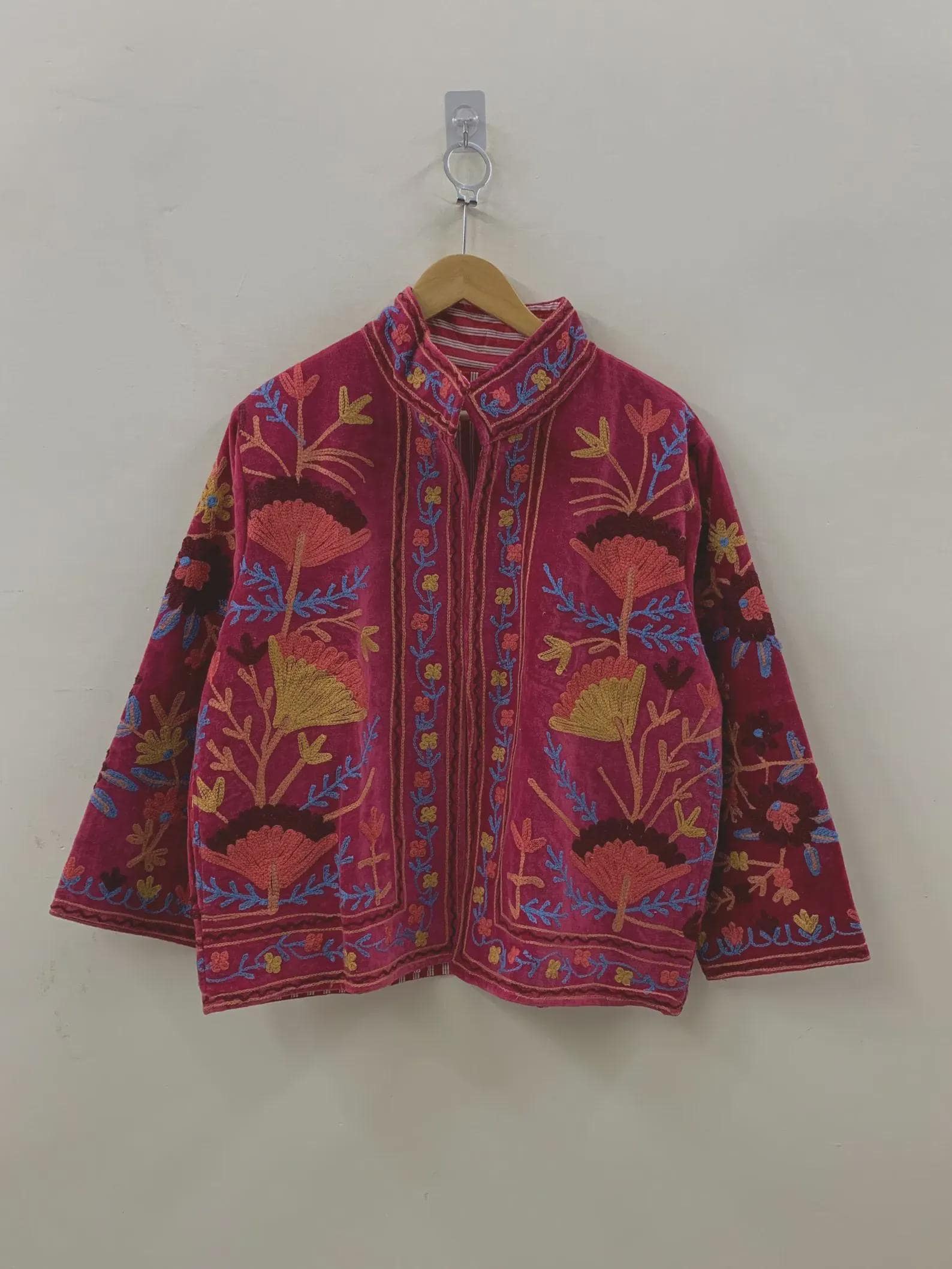 Ethnic Suzani Velvet Short Boho Jacket | Vintage Button Winter Coat | Short Jacket | Spring Bomber Jacket | Gift For Her | Suzani Pink Coat