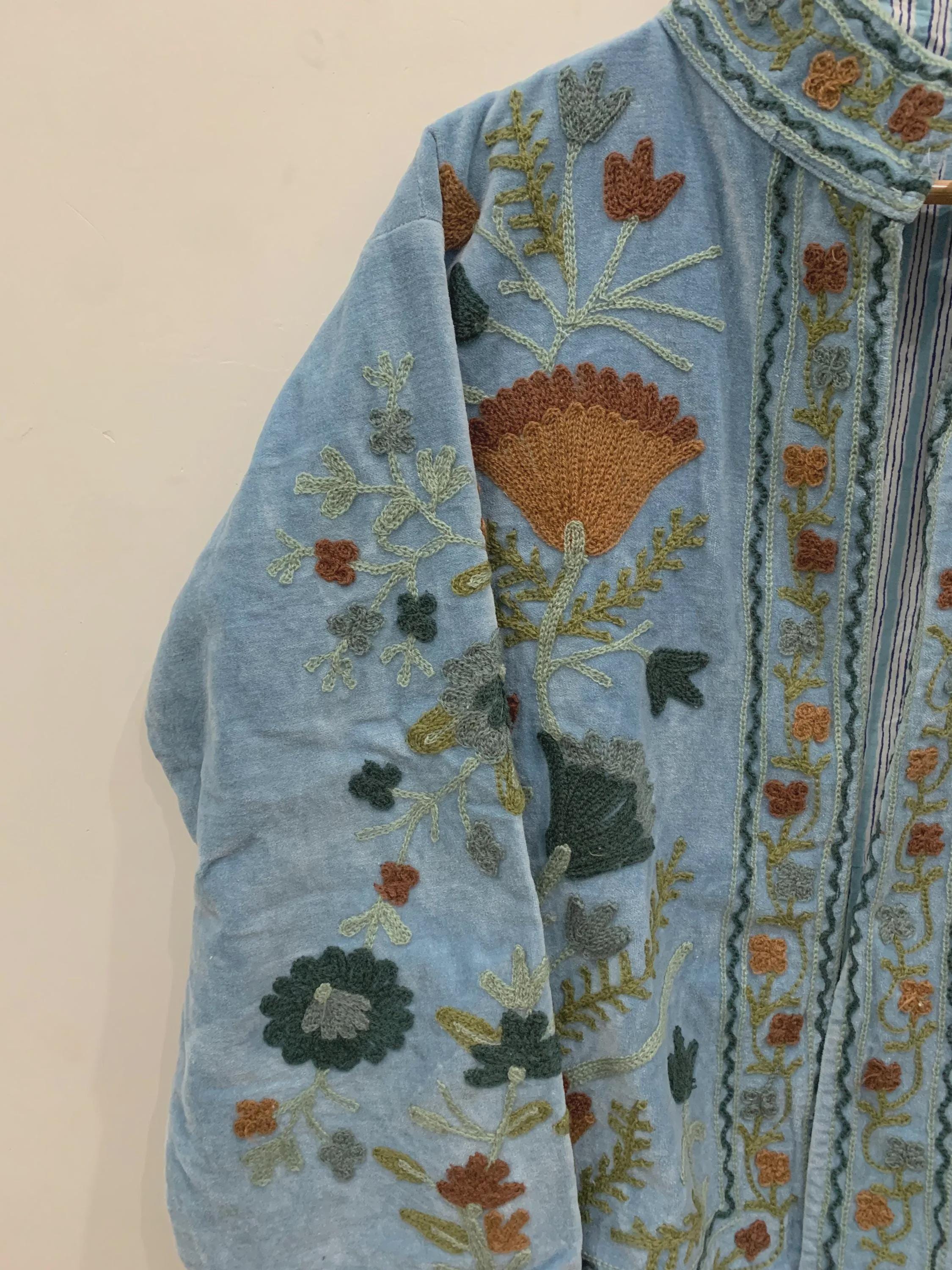 Women's Grey Velvet Suzani Embroidery Jacket | Suzani Duster Jacket | Winter Kimono Jacket | Bomber Coat, Robe, Gift For Her |Street Fashion