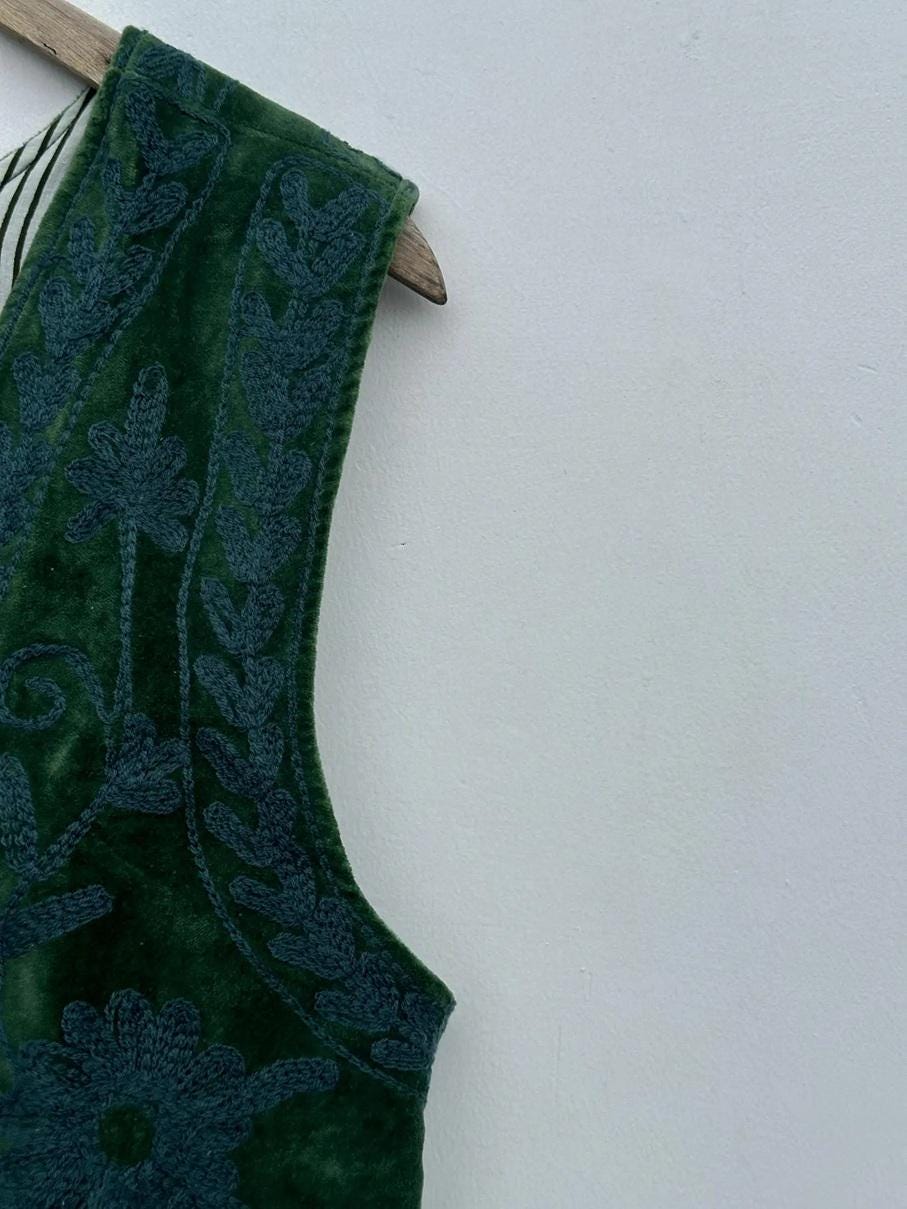 Boho Suzani Velvet Vest | Hand Floral Sleeveless Jacket | Vintage Inspired Festival Statement Layer | Green Ethnic Waistcoat | Gift for Her