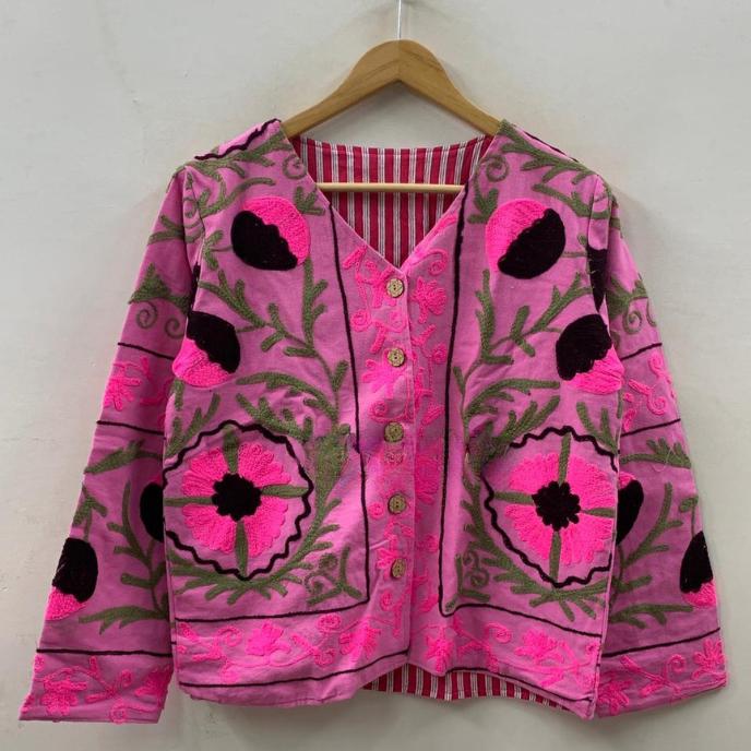 Pink Traditional Suzani Jacket | Floral Embroidered Velvet Coat | Handmade Winter Outerwear | Boho Style | Artisan Clothing