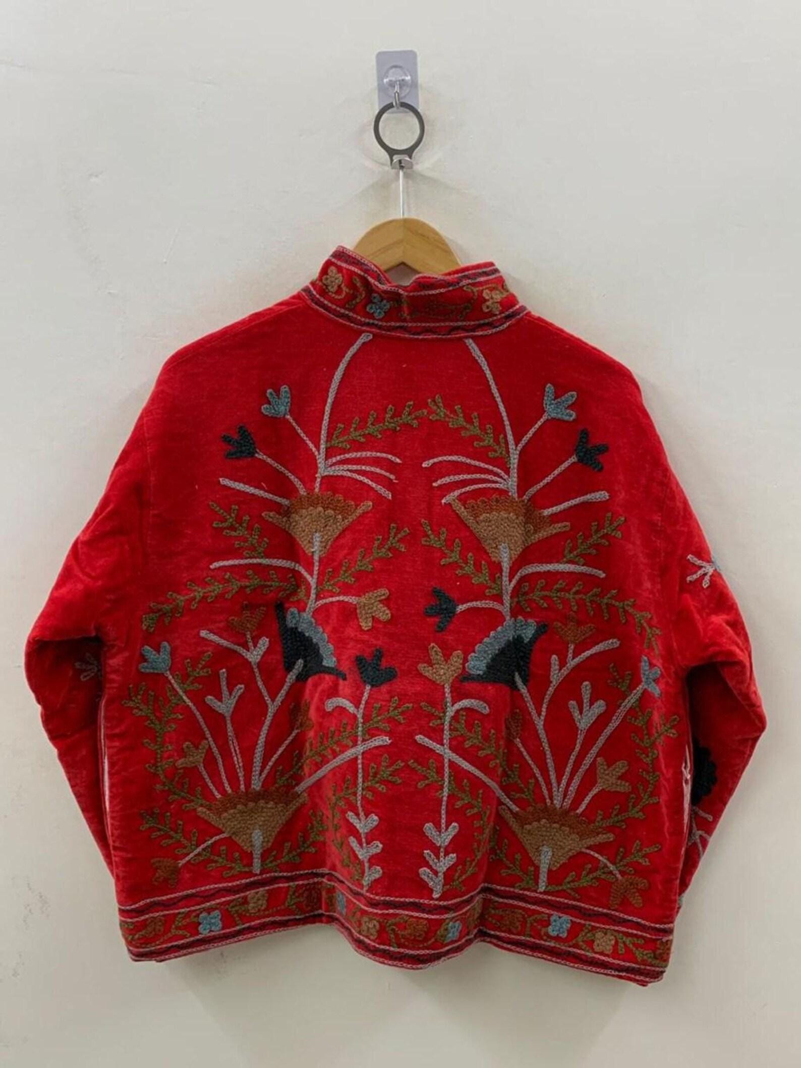 Red Embroidered Suzani Fabric Short Velvet Jacket | Button Winter Coat | Short Jacket | Spring Bomber Jacket | Gift For Her |Velvet Coat