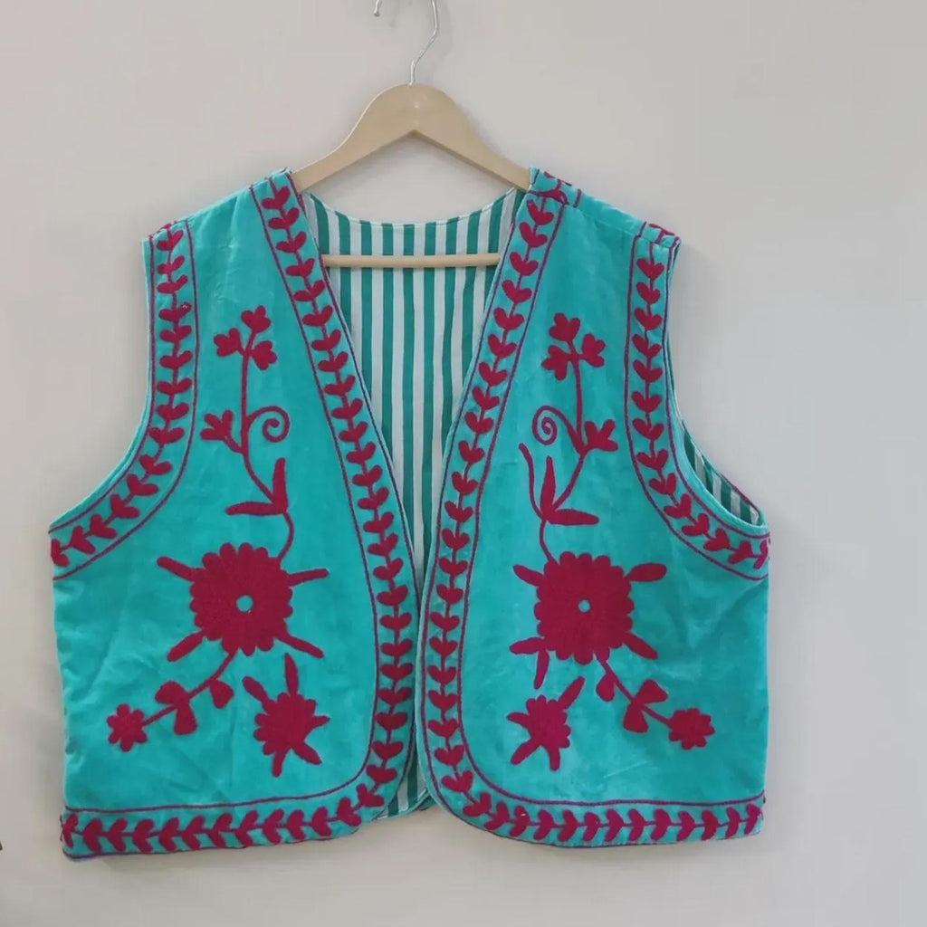 Suzani Velvet Vest | Hand Embroidered Boho Waistcoat | Vintage Floral Sleeveless Jacket | Festival Bohemian Layer | Ethnic Vest