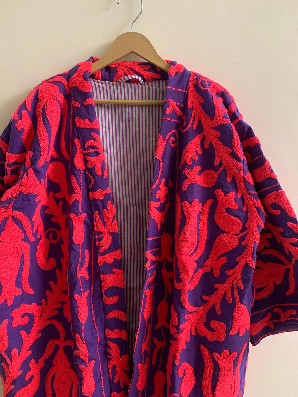 Embroidered Kimono Jacket Gift for Her | Unisex Boho Kimono | Purple Cotton Canvas Robe | Handmade Duster | Beach Cover Up | Festival Wear