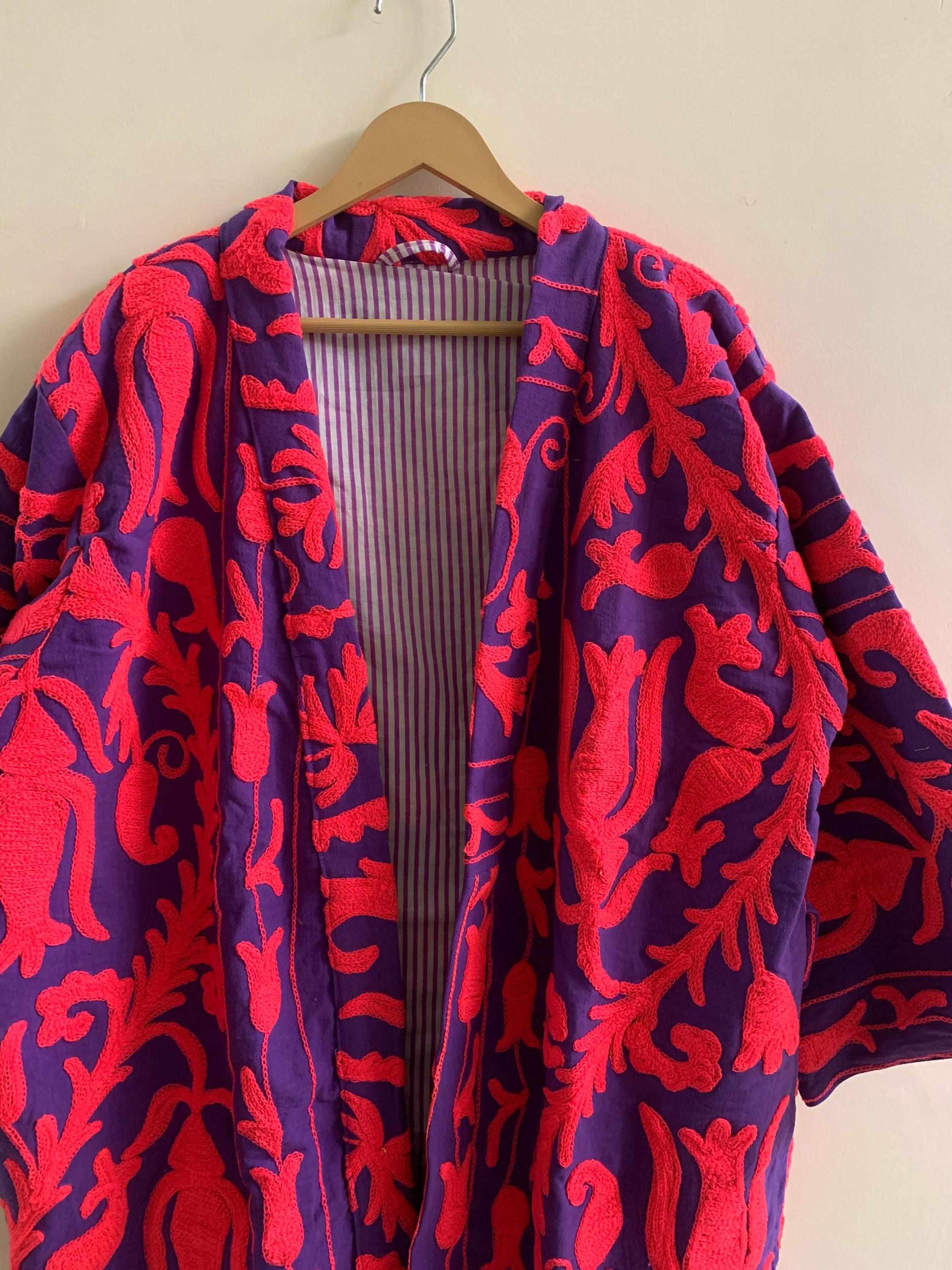 Embroidered Kimono Jacket Gift for Her | Unisex Boho Kimono | Purple Cotton Canvas Robe | Handmade Duster | Beach Cover Up | Festival Wear
