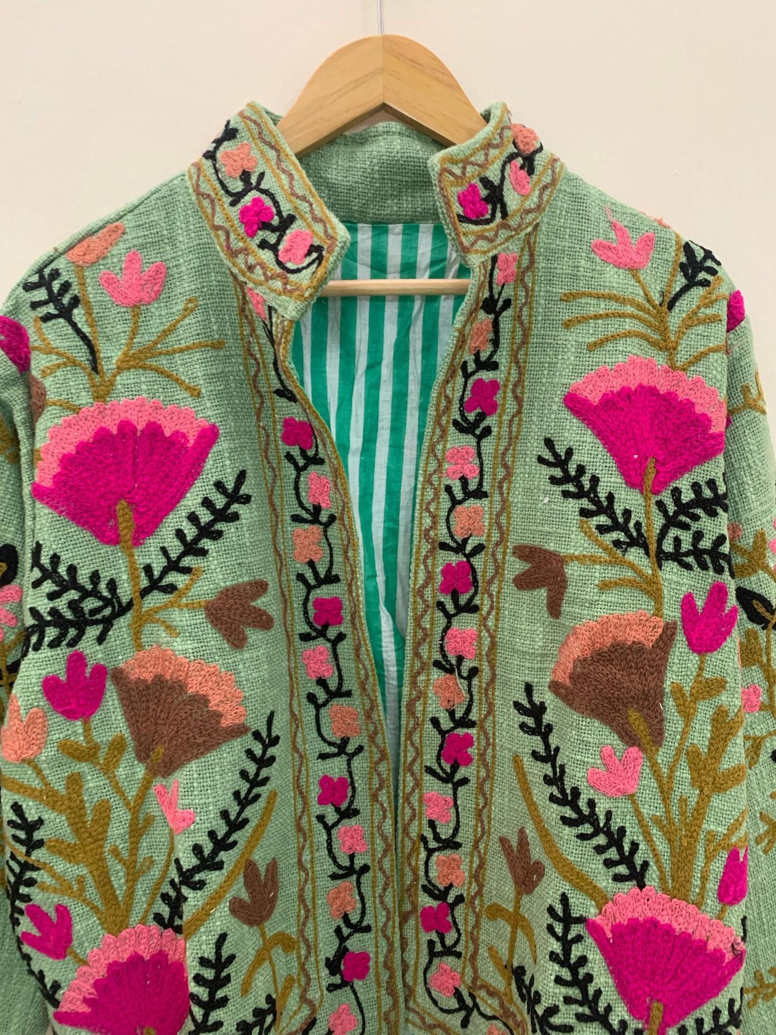 Green TNT Fabric Suzani Embroidery Quilted Jacket, Winter Wear Duster Jacket, Women's Coat