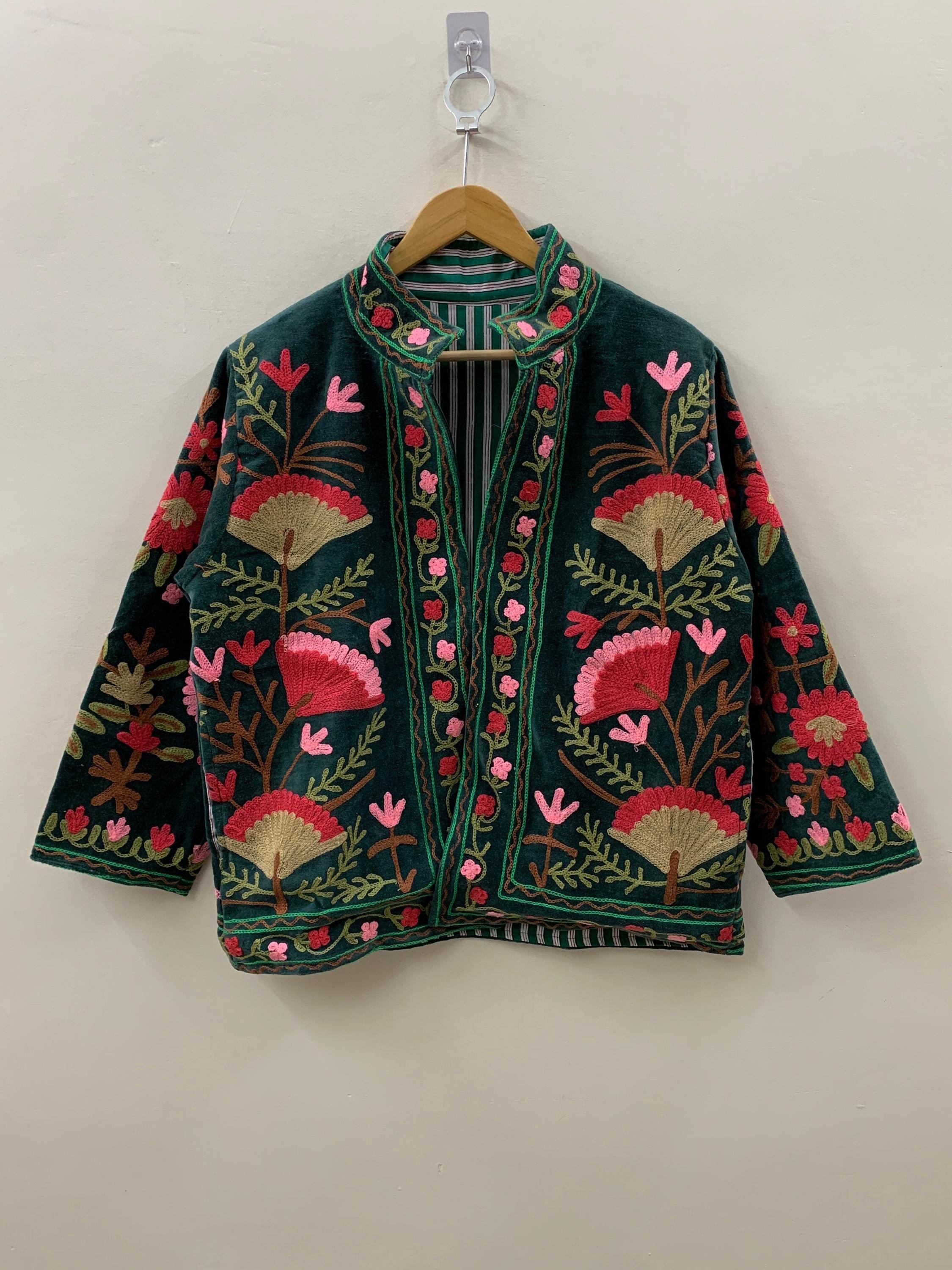 Green Velvet Suzani Jacket Women | Short Ethnic Bomber Jacket | Vintage Button Winter Coat | Boho Festival Wear |  Gift for Her