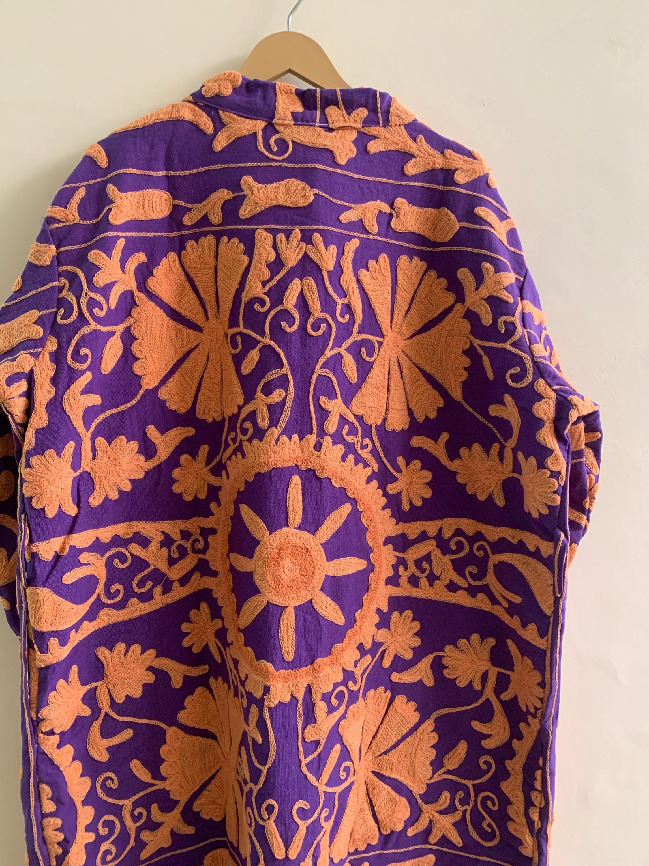 Purple Embroidered Unisex Kimono | Japanese Kimono Jacket | Purple Cotton Canvas Robe | Handmade Boho Duster | Beach Cover Up | Gift for Her