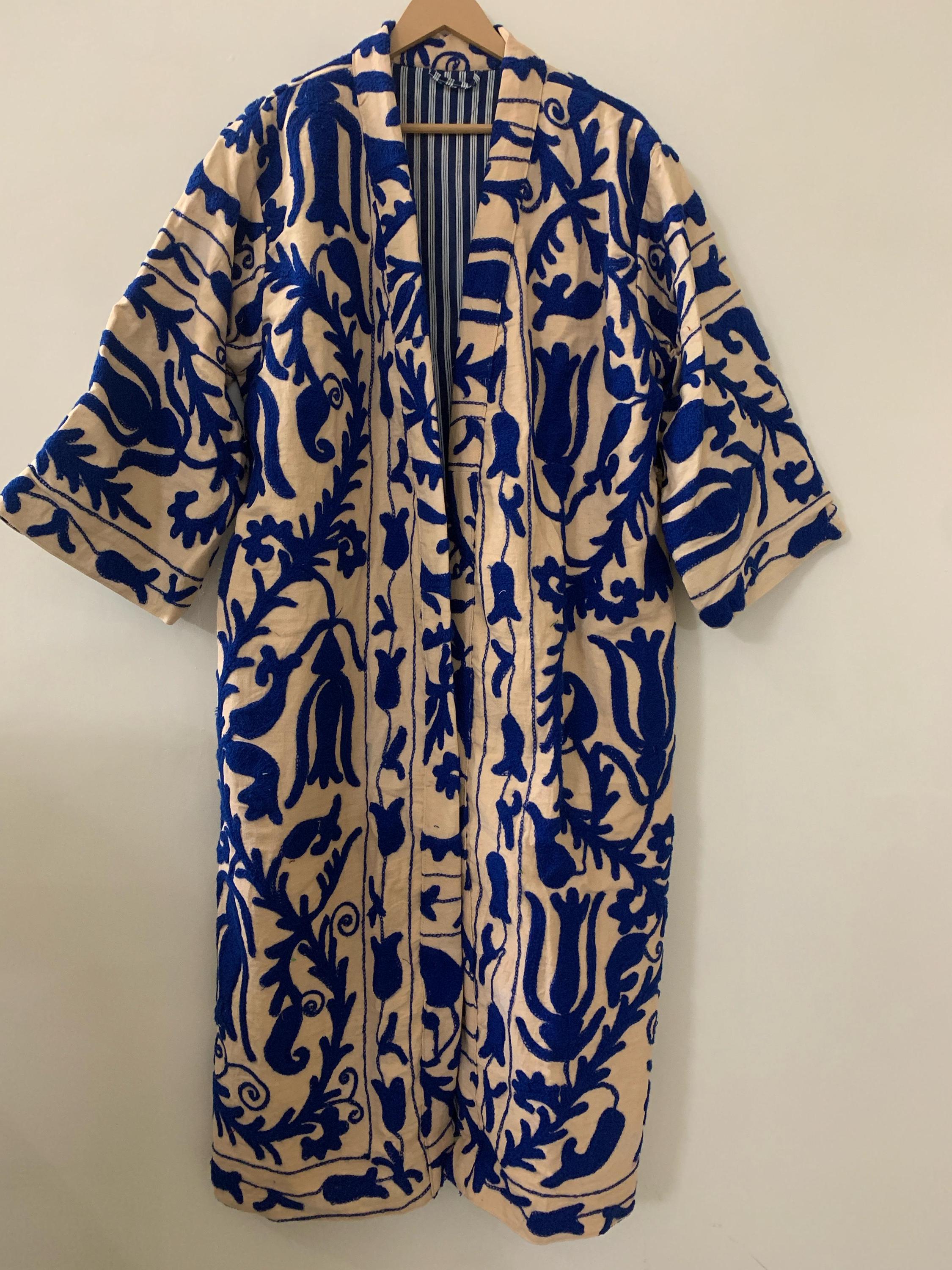 Handmade Cotton Canvas Summer Long Kimono | Embroidered Boho Coat | Festival Kimono | Floral Long Summer Kimono | Gift For Her | Loungewear