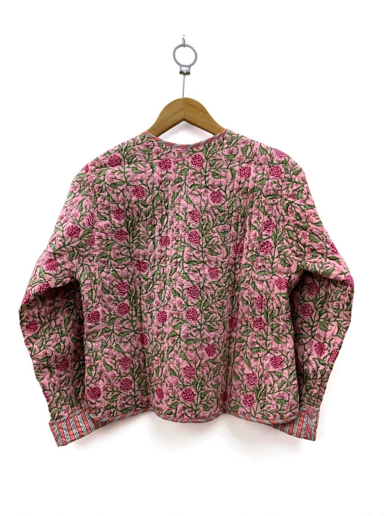 Pink Cotton Quilted Cropped Boho Jacket | Printed Lightweight Cropped Jacket | Spring Coat| Bomber Jacket | Gift For Her | Women's Outerwear
