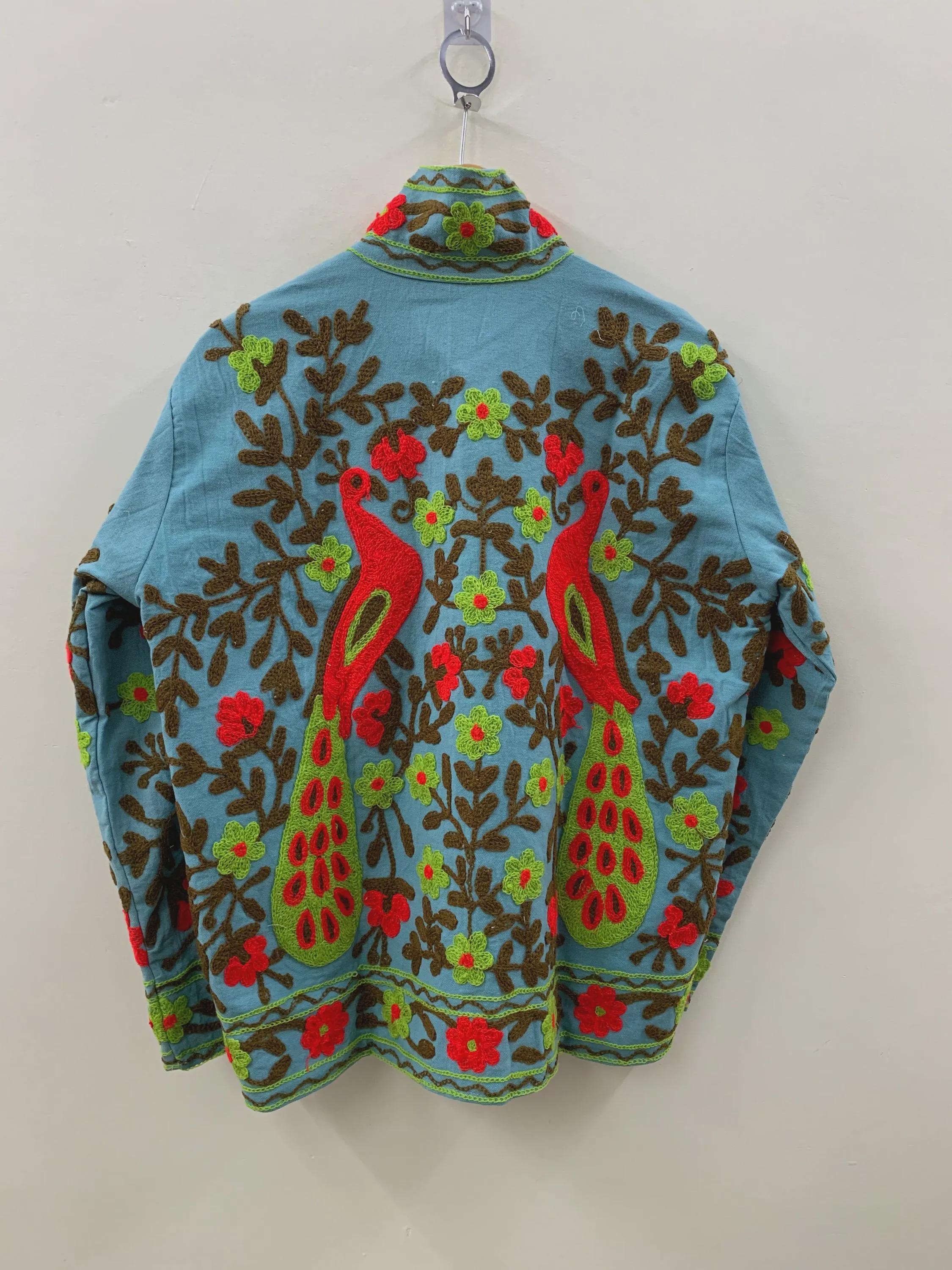 Green Cotton Suzani Embroidered Coat |Summer Coat |Ethnic Floral Peacock Jacket |Festival Clothing |Bohemian Spring Outerwear |Gift For Her