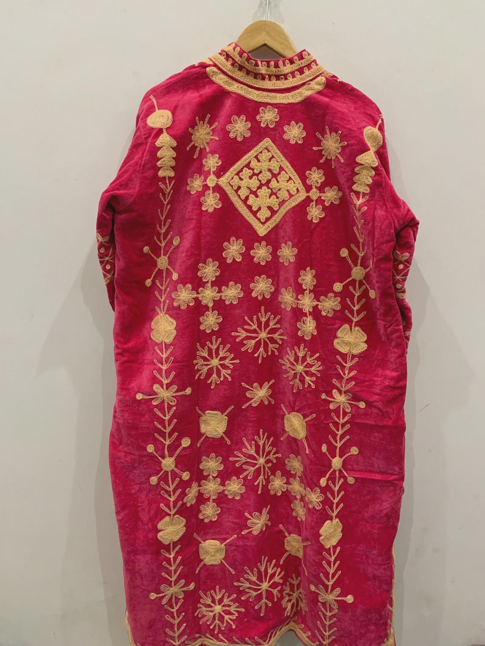 Red Long Suzani Kimono Jacket | Boho Embroidered Duster | Vintage Uzbek Coat