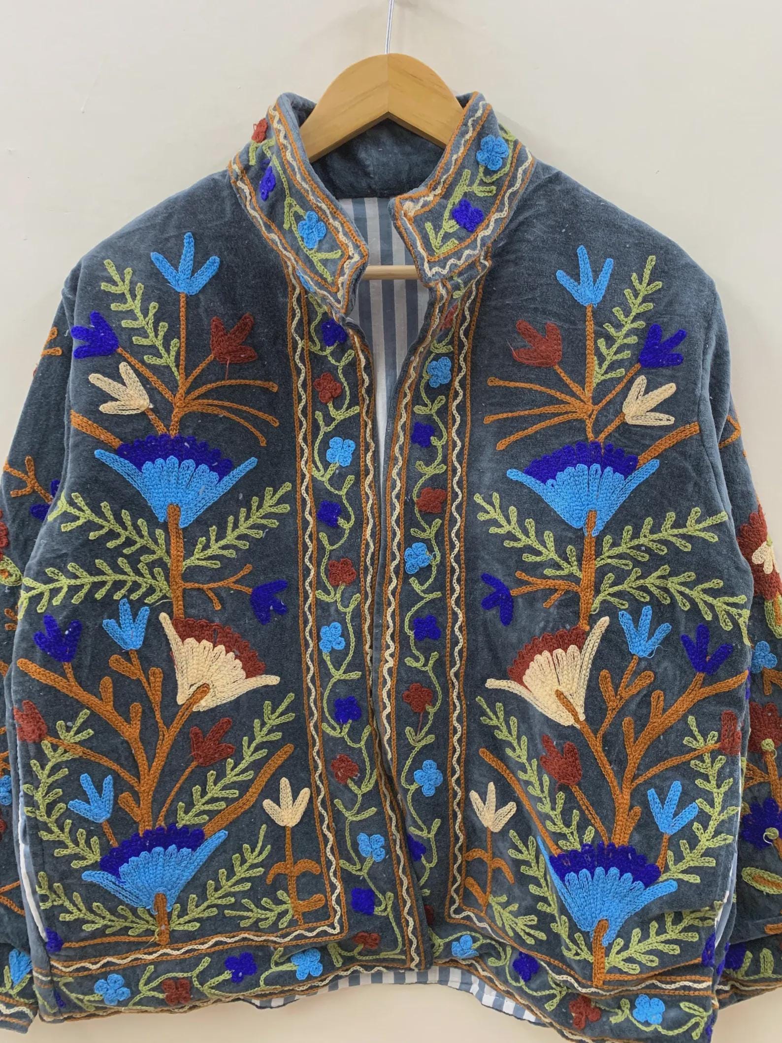 Ethnic Traditional Suzani Velvet Cropped Winter Jacket | Handmade Embroidered Boho Coat | Short Festival Kimono Outerwear | Gift for Her