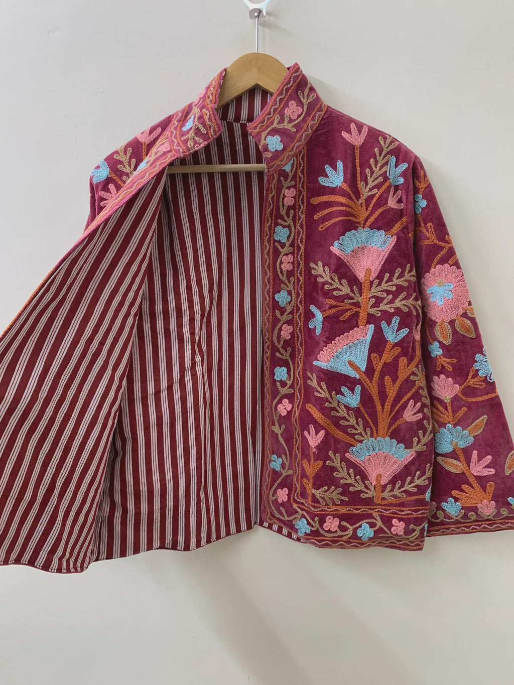 Maroon Soft Velvet Suzani Winter Short Jacket | Winter Handmade Jacket | Embroidered Jacket Coat | Velvet Jacket | Suzani Coat | One Size