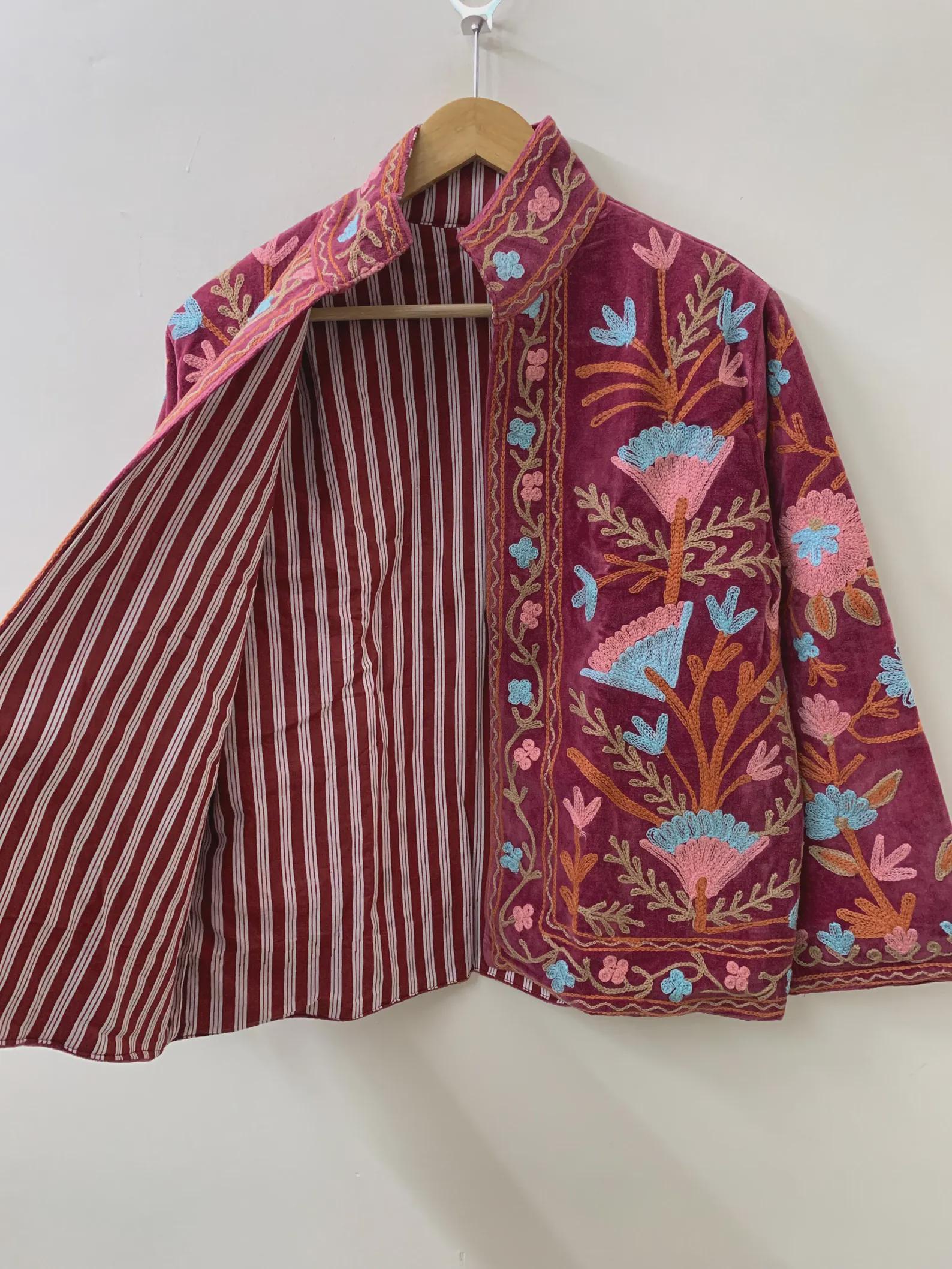 Maroon Soft Velvet Suzani Winter Short Jacket | Winter Handmade Jacket | Embroidered Jacket Coat | Velvet Jacket | Suzani Coat | One Size