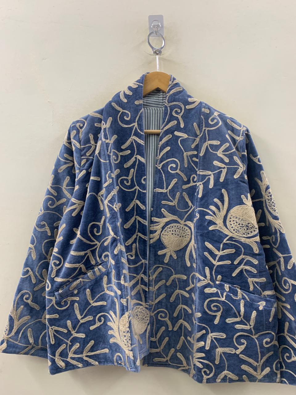 Grey Hand Embroidered Velvet Suzani Jacket | Boho Floral Duster | Gift For Her | Bohemian Velvet Coat | Festival Coat