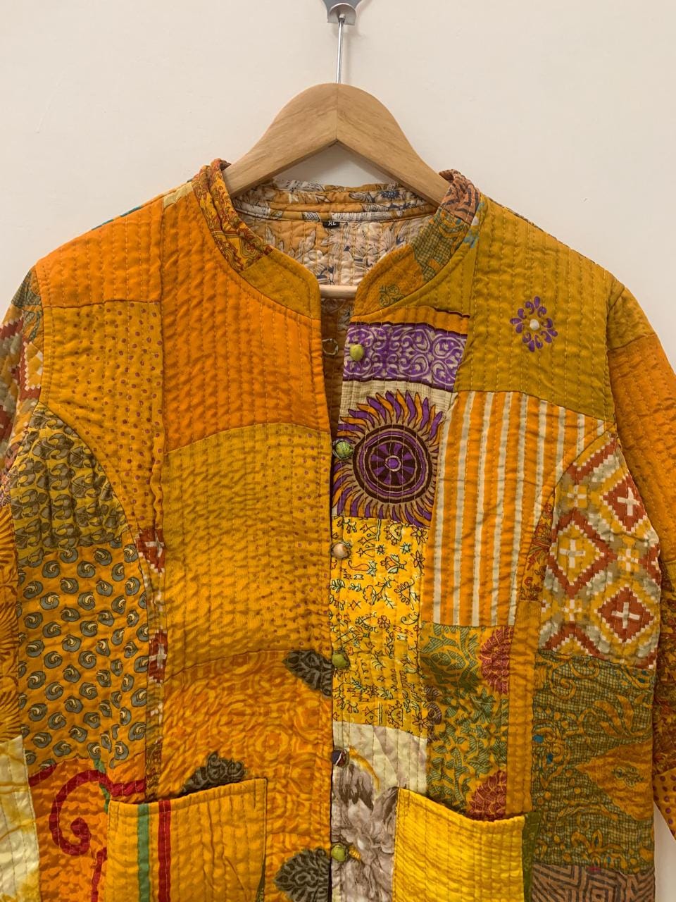 Boho Mustard Silk Quilted Patchwork Jacket | Style Wearable Art | Statement Layer Jacket | Kantha Coat | Short Jacket | Winter Wear Jacket