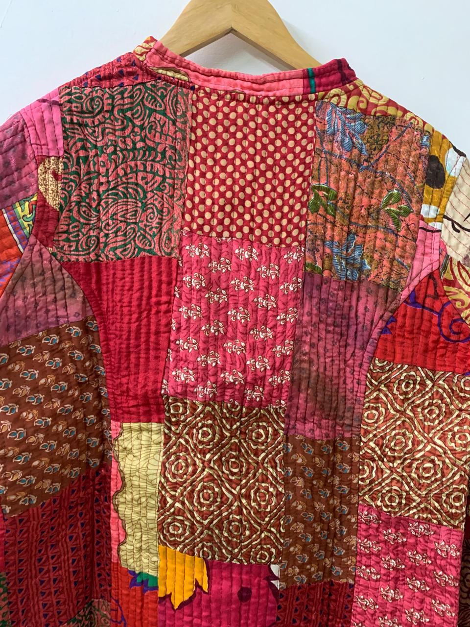 Pure Silk Reversible Patchwork Jacket | Kantha Blazer | Buttoned Quilted Coat |Handmade Vintage Fabric Jacket |Bohemian Outerwear |Gift idea
