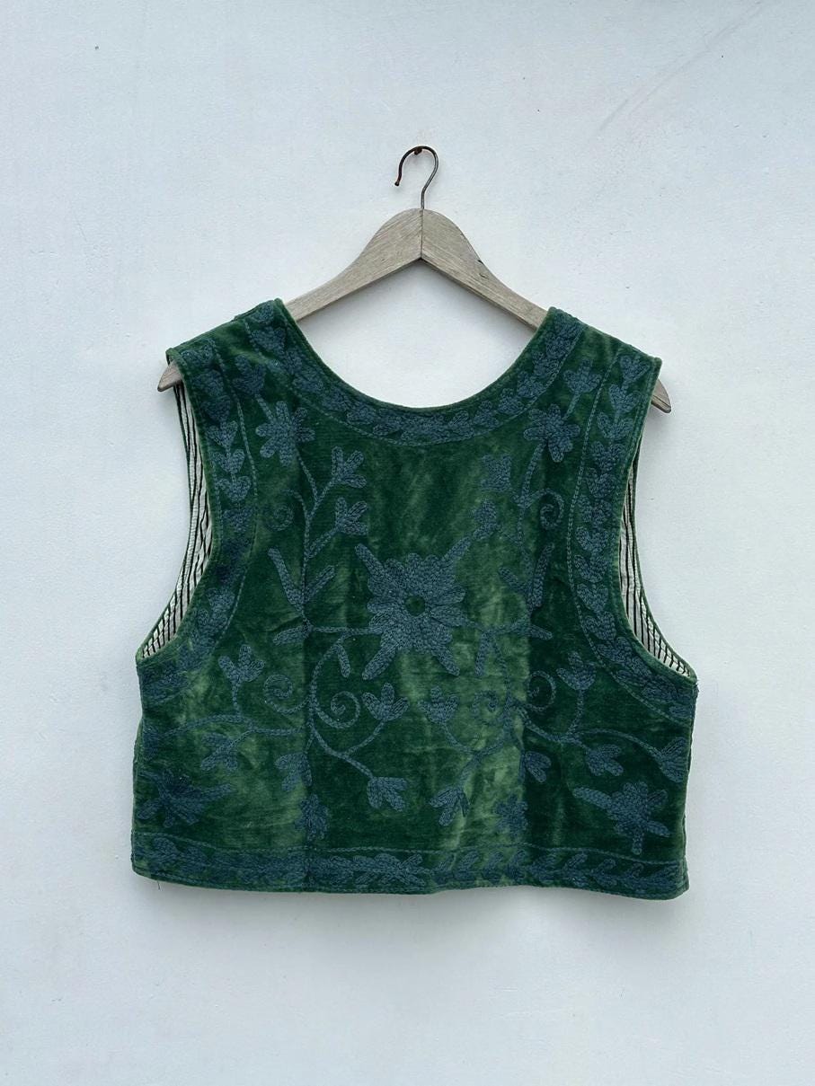 Boho Suzani Velvet Vest | Hand Floral Sleeveless Jacket | Vintage Inspired Festival Statement Layer | Green Ethnic Waistcoat | Gift for Her