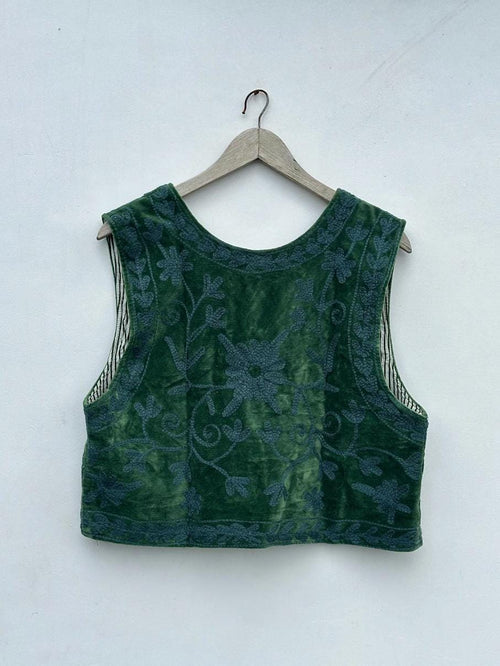 Boho Suzani Velvet Vest | Hand Floral Sleeveless Jacket | Vintage Inspired Festival Statement Layer | Green Ethnic Waistcoat | Gift for Her
