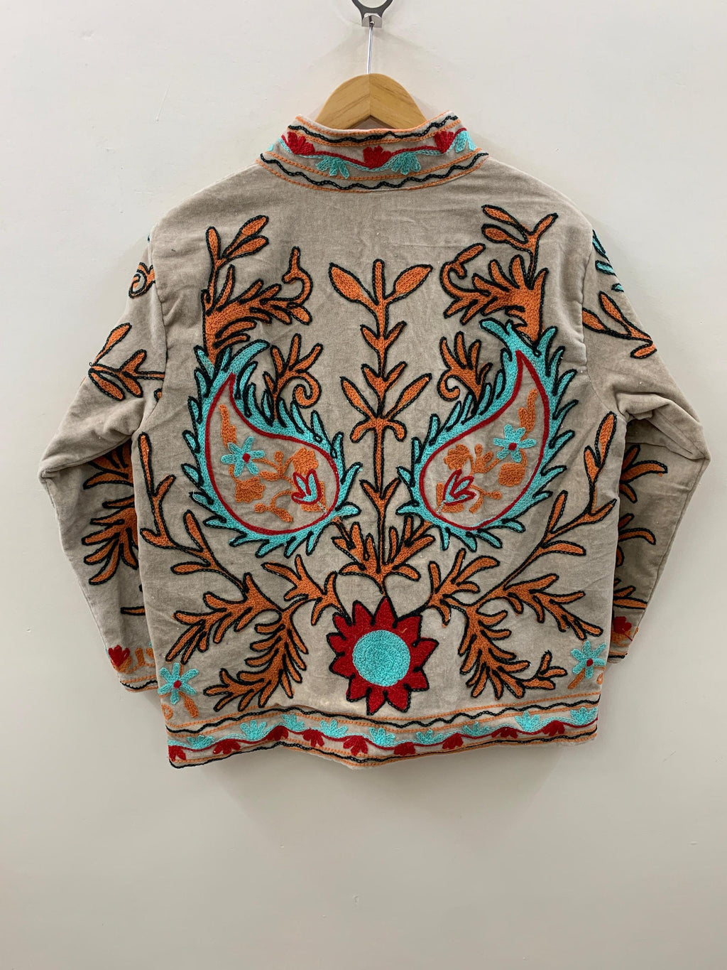 Beige Suzani Velvet Short Jacket – Boho Embroidered Coat- Winter Coat - Uzbek Travel Jacket, Festival Jacket Style Outerwear -Street Jacket