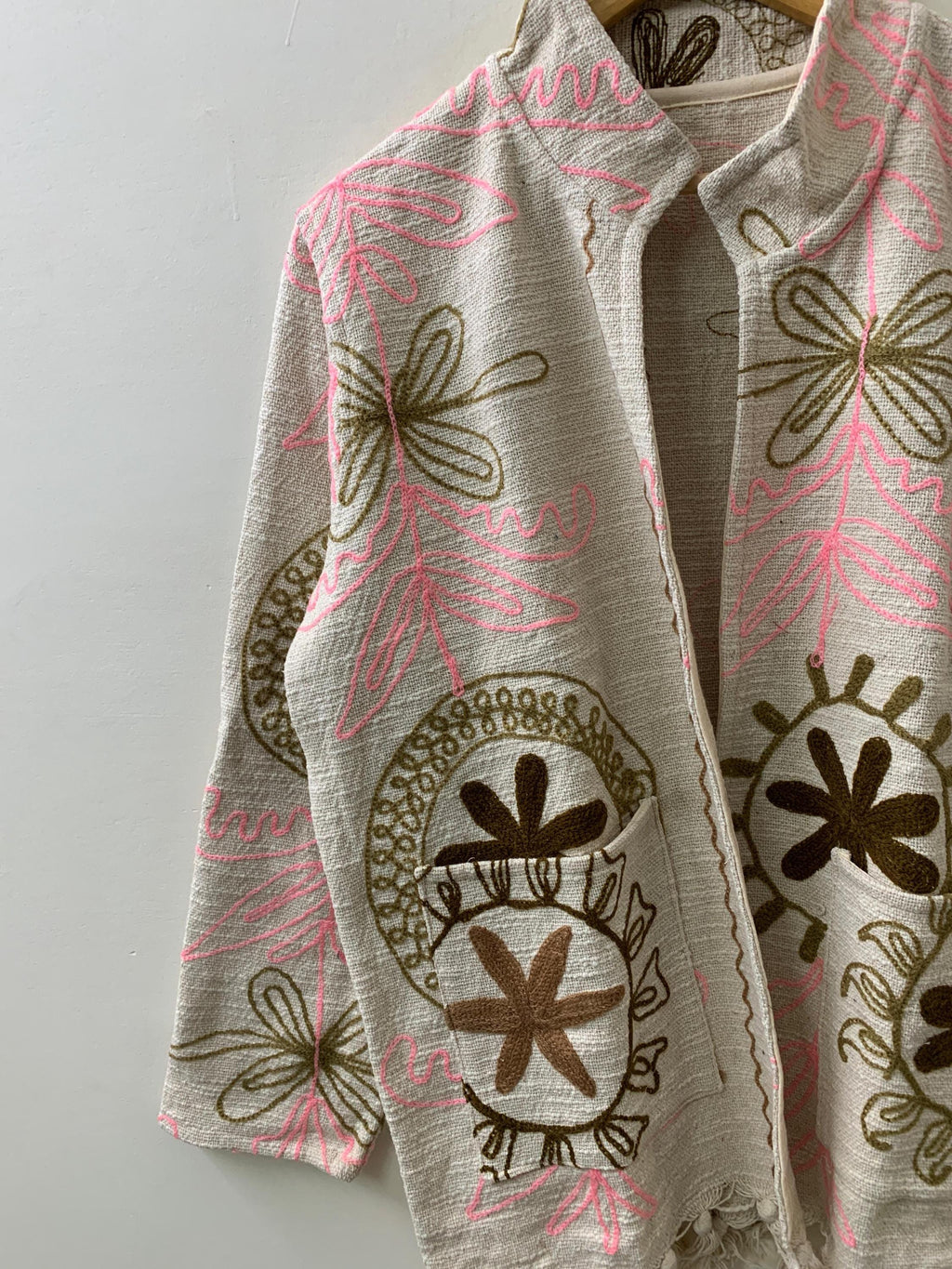 Statement Ethnic Embroidered Cotton Suzani Kimono | Boho Tribal Shrug | Lightweight Spring Outerwear | Long Duster Jacket