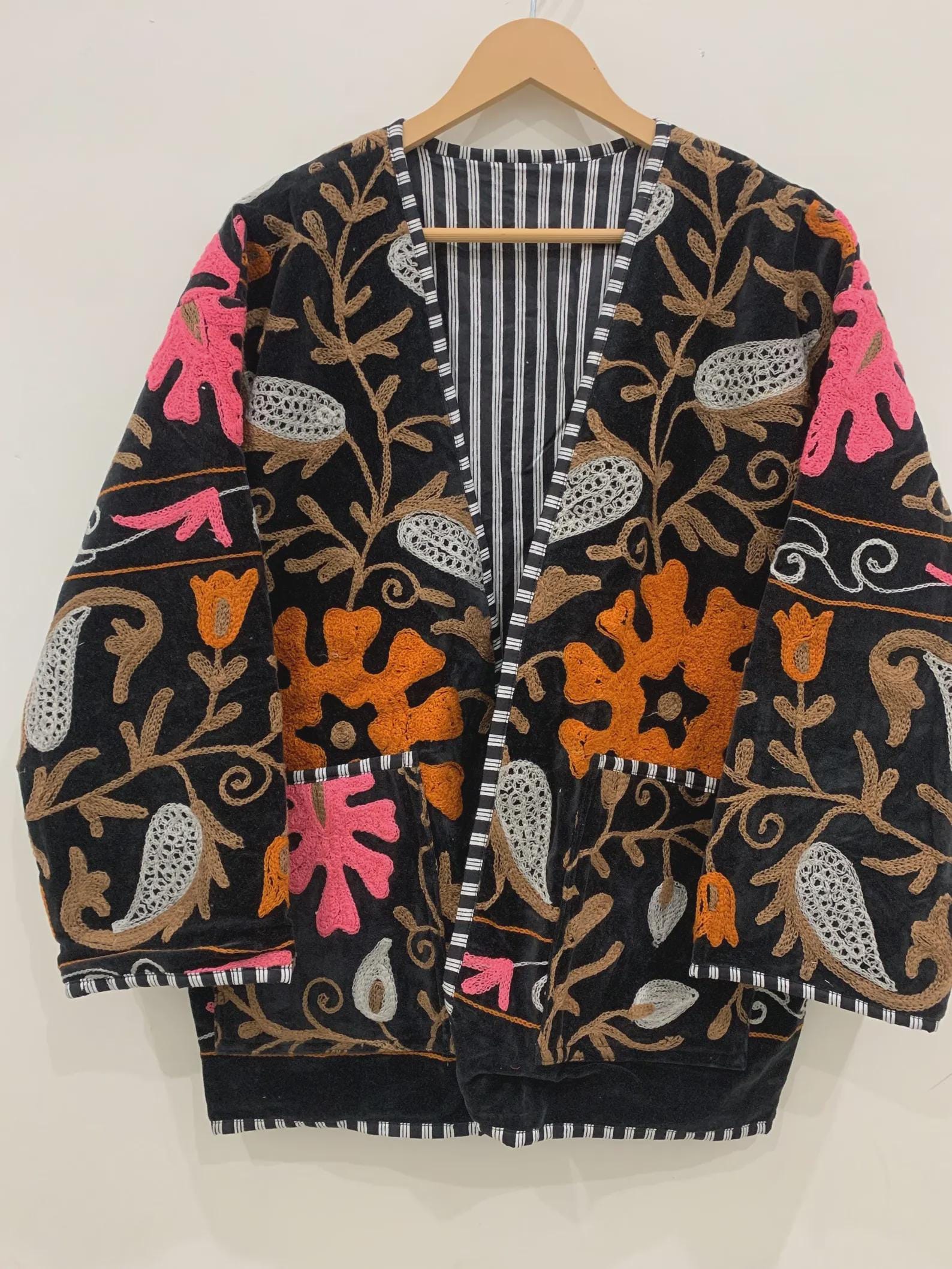 Velvet Suzani Embroidered Kimono Jacket: Handmade Indian Short Coat | Gift For Her
