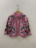 Pink Suzani Embroidered Jacket | Boho Floral Duster Coat | Handmade Bomber Jacket | Festival Kimono Jacket | TNT Short Jacket| Gift For Her