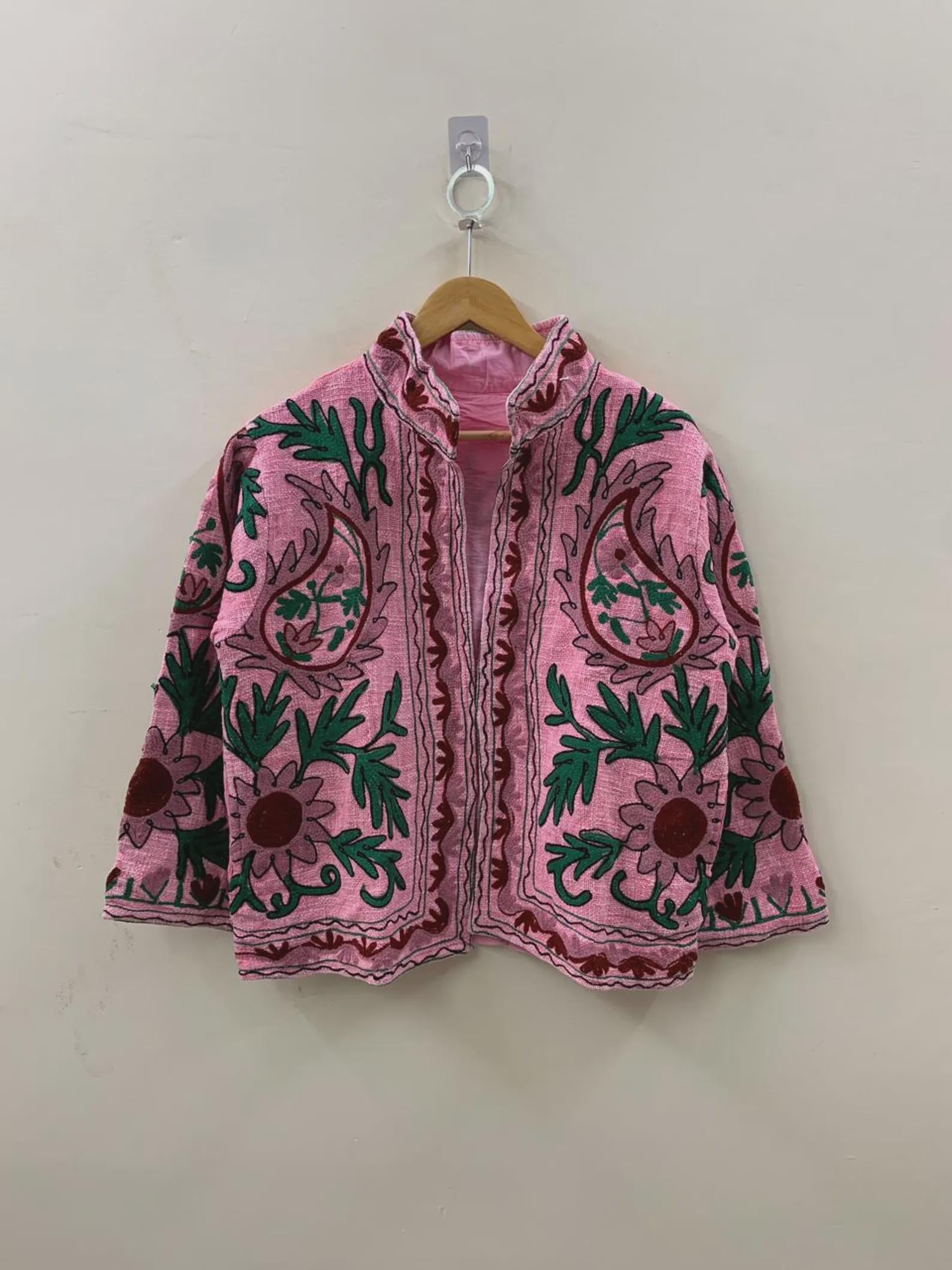 Pink Suzani Embroidered Jacket | Boho Floral Duster Coat | Handmade Bomber Jacket | Festival Kimono Jacket | TNT Short Jacket| Gift For Her