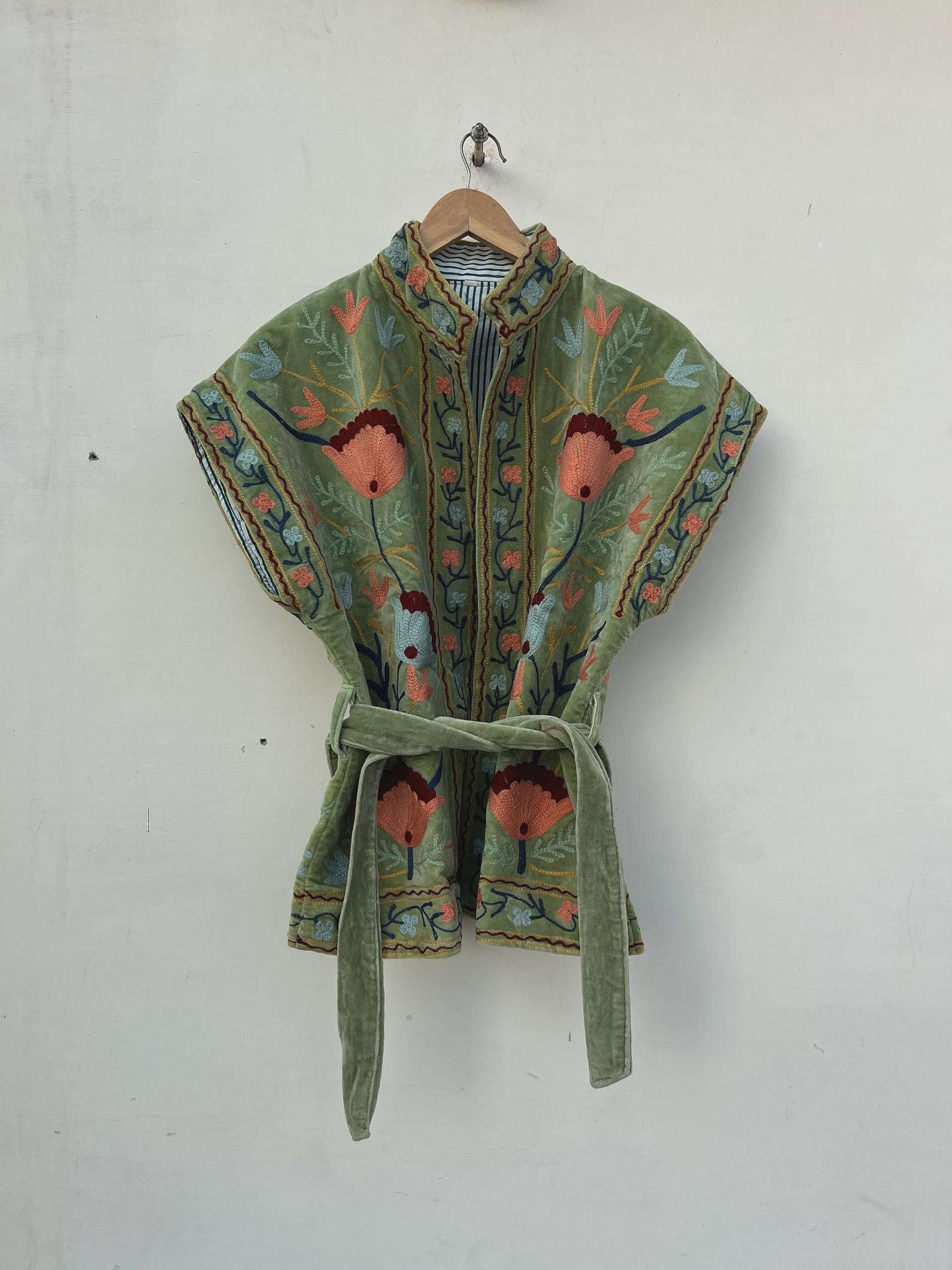 Green Velvet Suzani Embroidered Vest with Belt | Boho Festival Waistcoat | Ethnic Jacket | Sleeveless Bohemian Layer | Gypsy Vest