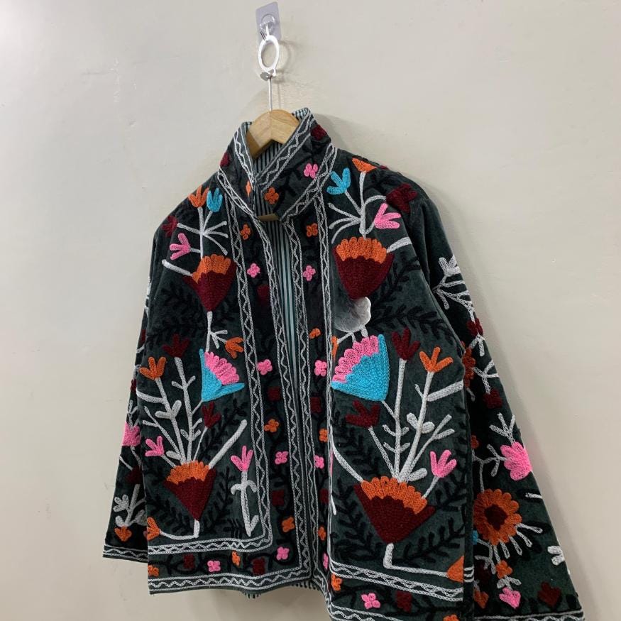 Hand Embroidered Suzani Velvet Short Jacket | Indian Floral Coat | Unisex Winter Outerwear | Bridesmaid Gift | Oversized Boho Jacket