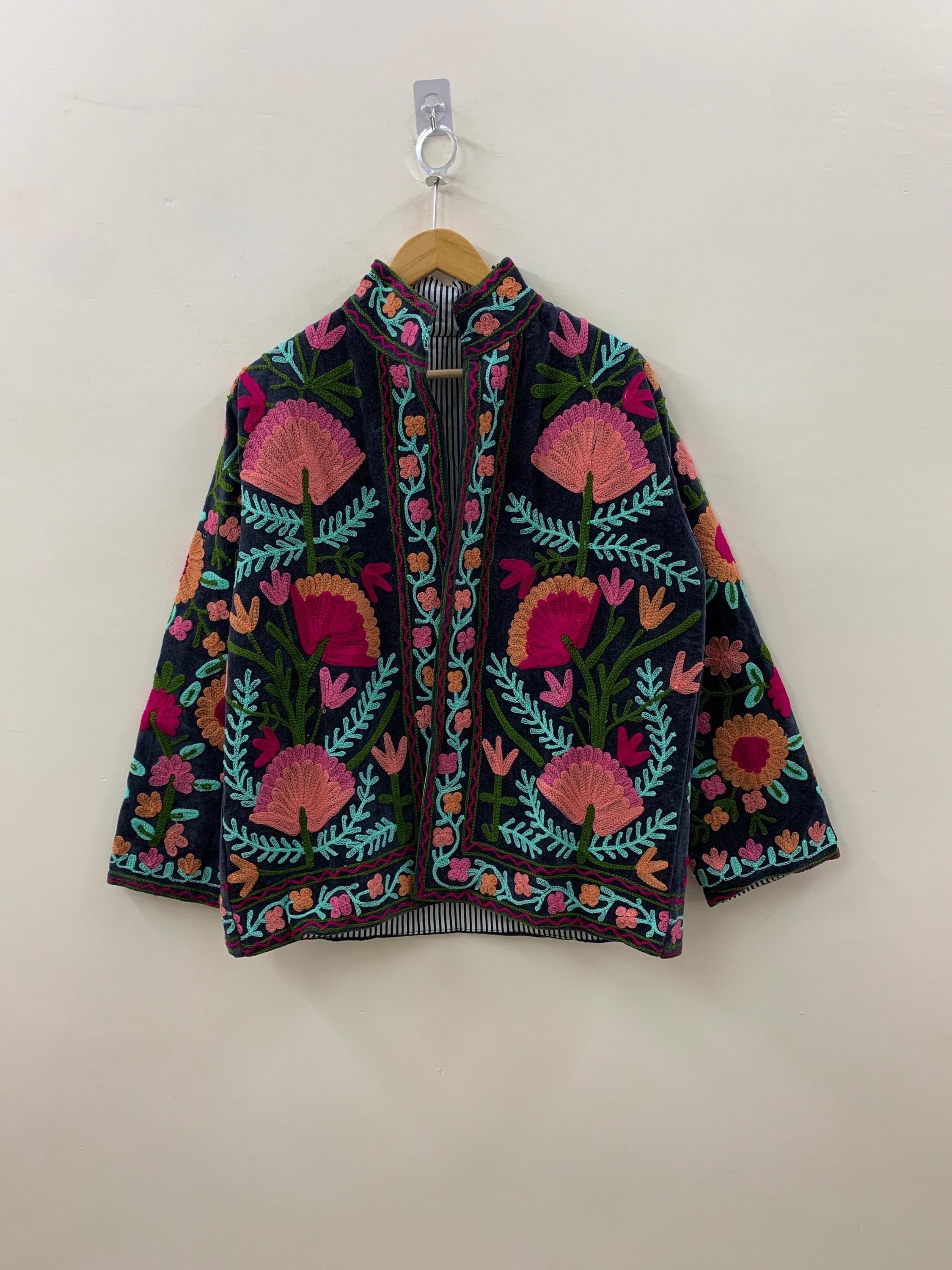 Embroidered Suzani Fabric Short Velvet Jacket | Button Winter Coat | Short Jacket | Spring Bomber Jacket | Gift For Her | Velvet Coat