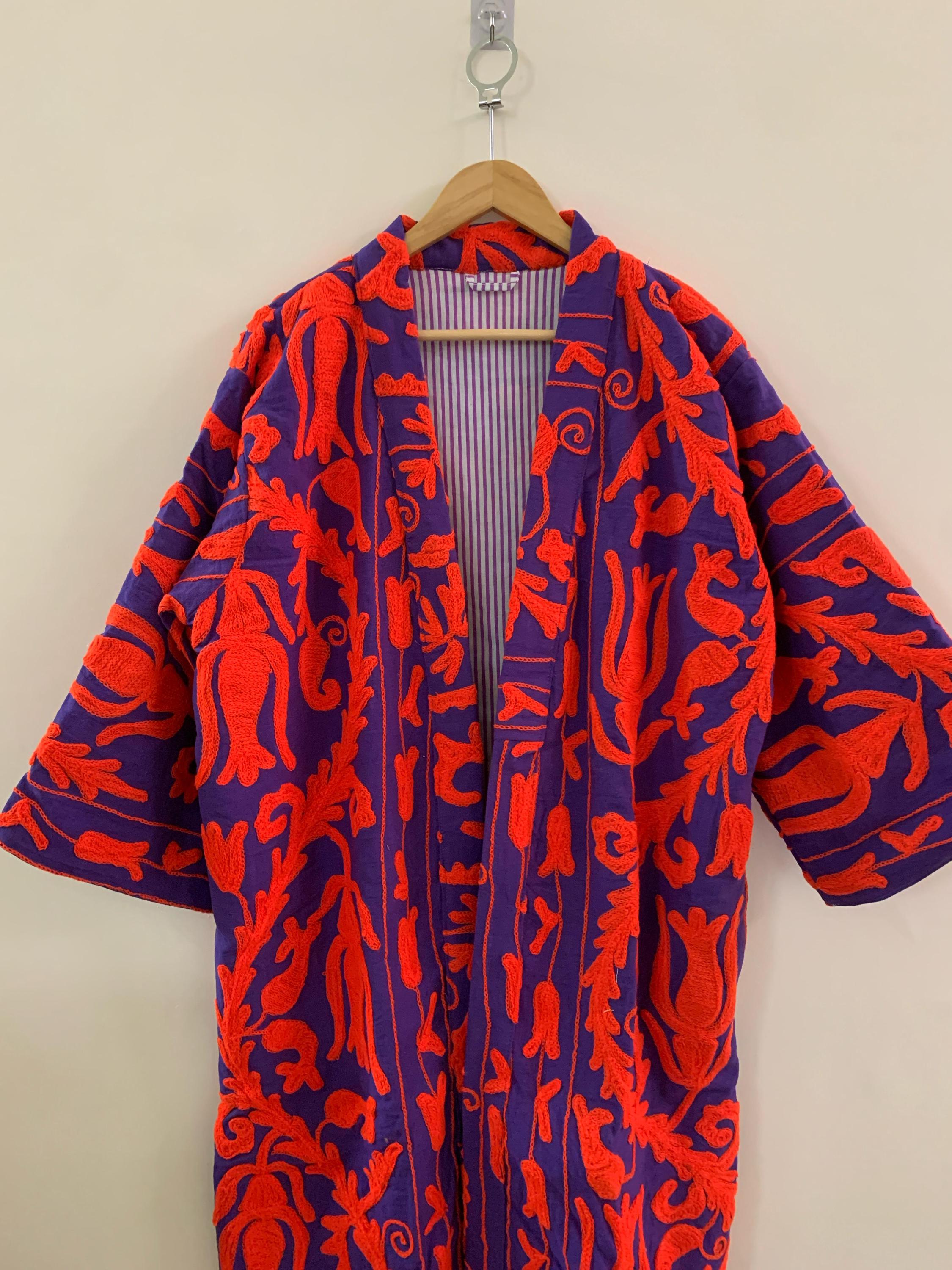 Cotton Canvas Kimono Long Jacket |Hand Embroidered Robe |Boho Clothing | Artisan Statement Piece Kimono | Loungewear Spring Kimono