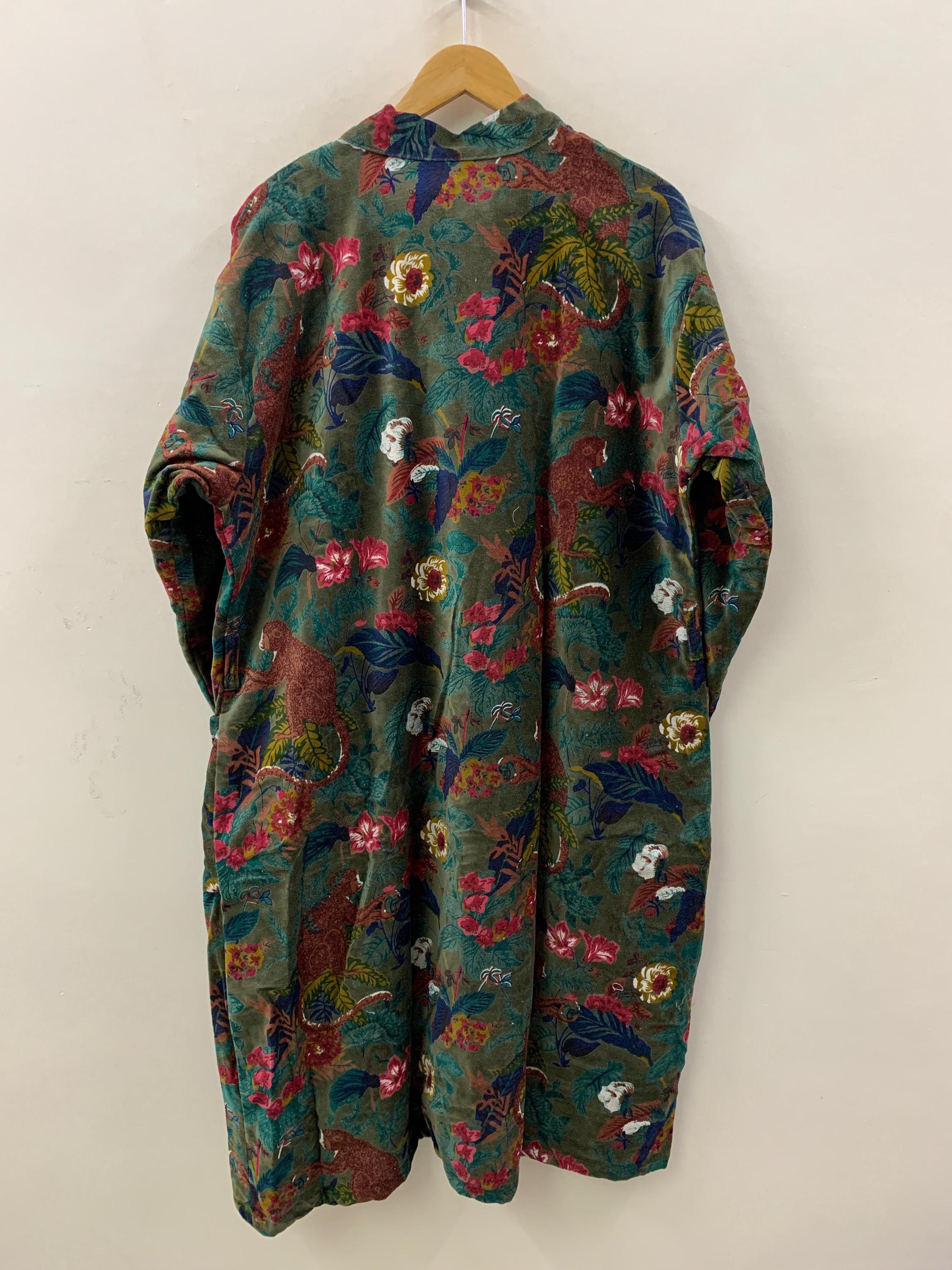 Green Velvet Kimono Robe – Jungle Animal Print Boho Duster | Monkeys & Floral Pattern | Long Bohemian Jacket | Loungewear,  Festival Outfit