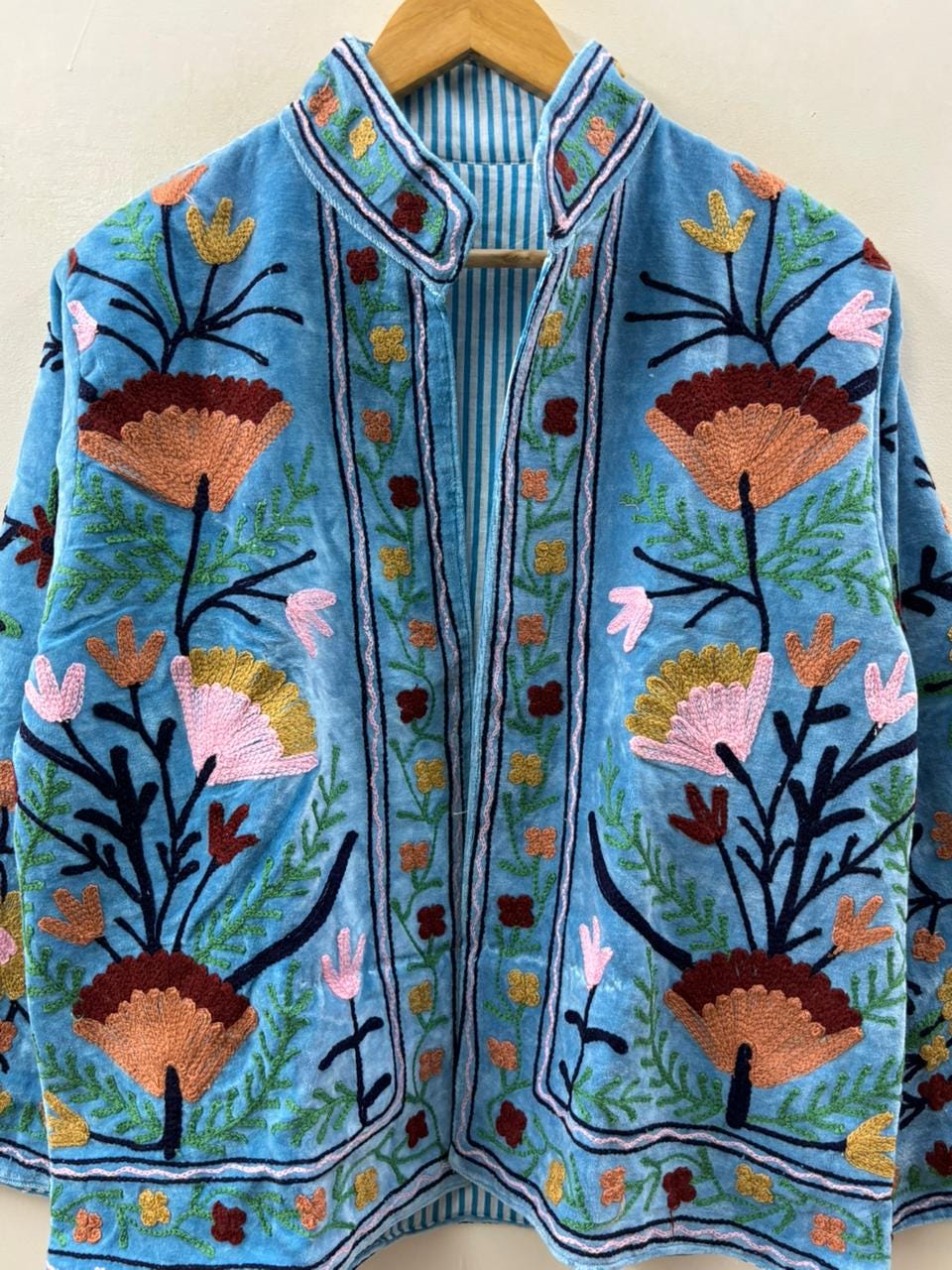 Blue Hand-Embroidered Suzani Velvet Jacket, Boho Festival Coat, Gift For Her
