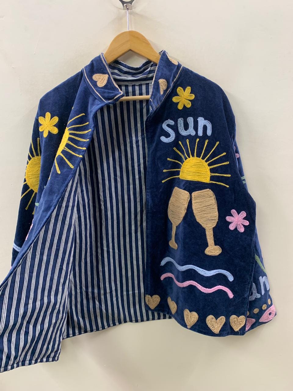 Unique Velvet Suzani Short Jacket | Boho Embroidered Statement Coat | Sun, Palm, Moon & Heart Design | Colorful Festival Jacket |Duster Coat