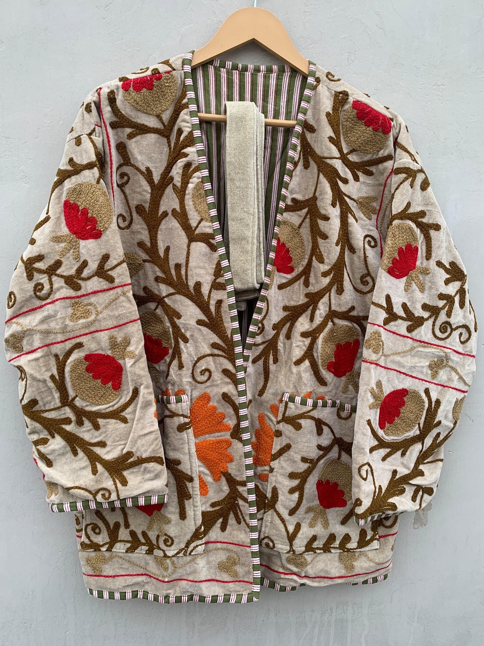 Velvet Suzani Embroidered Kimono Jacket: Handmade Indian Short Coat | Gift For Her
