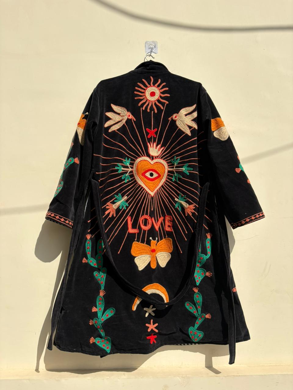 Black Suzani Velvet Kimono |Unisex Bohemian Overcoat | Vintage Kimono Jacket |Hand Embroidered Winter Wear Kimono Jacket | Bohemian Overcoat