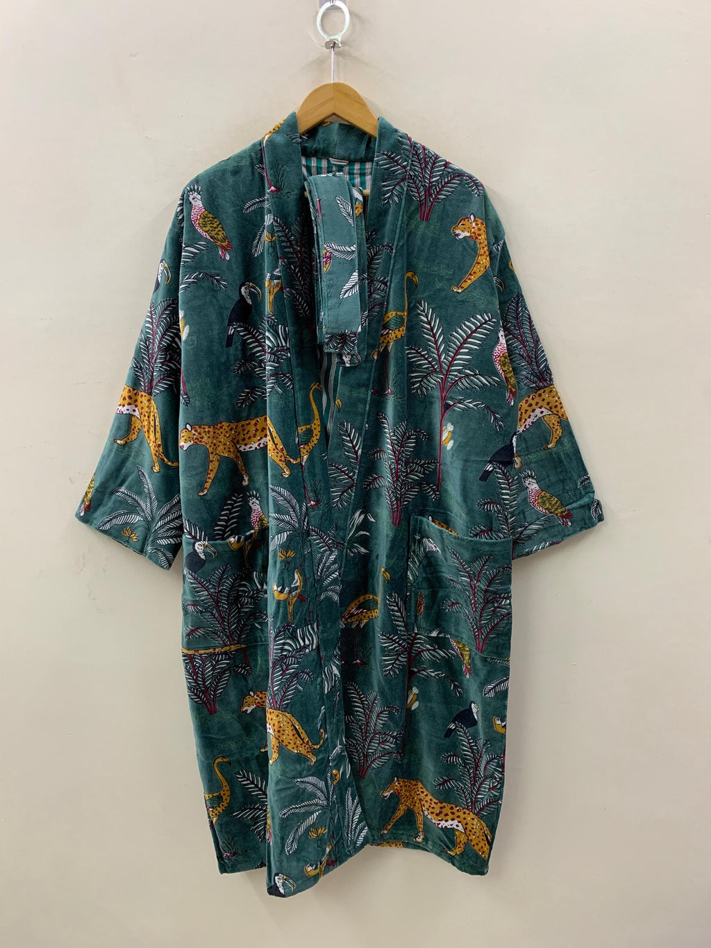 Green Jungle Velvet Winter Kimono Robe | Tropical Animal Print Loungewear | Cheetah & Bird Pattern | Cozy Winter Boho Robe | Gift for Her