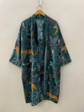 Green Jungle Velvet Winter Kimono Robe | Tropical Animal Print Loungewear | Cheetah & Bird Pattern | Cozy Winter Boho Robe | Gift for Her
