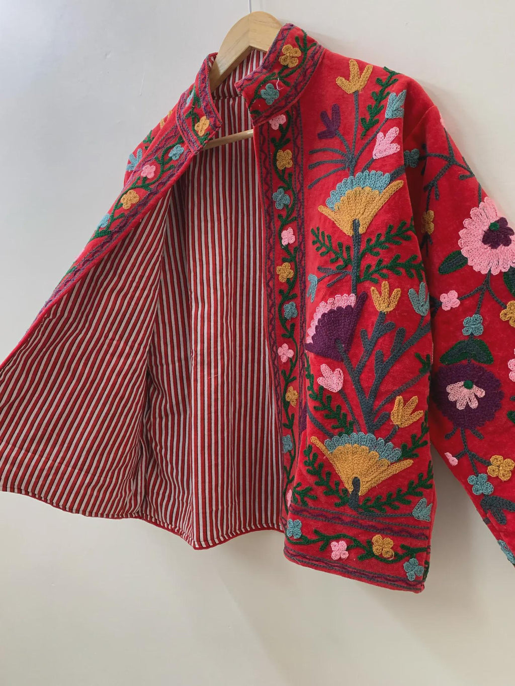 Red Suzani Embroidery Short Jacket | Velvet Suzani Jacket | Floral Multicolor Jacket | Bohemian Coat|  Winter Fashion |Ethnic Gift For Her