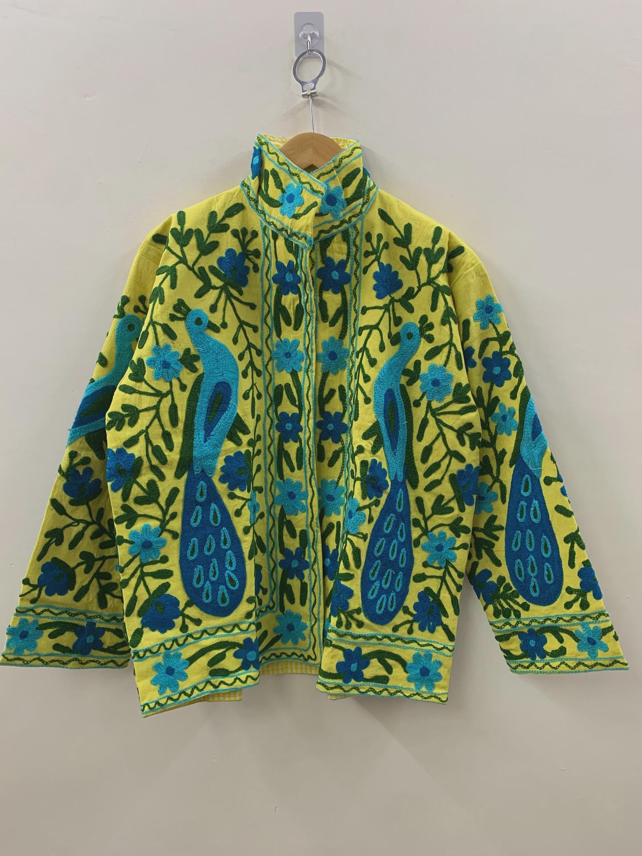 Vintage Cotton Suzani Boho Embroidered Coat |Bomber Coat |Ethnic Floral Peacock Jacket |Colorful Festival Clothing |Bohemian Outerwear |Gift