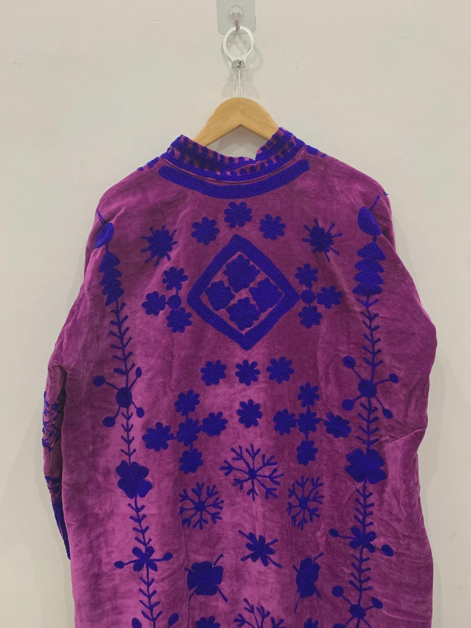 Purple Suzani Kimono Robe Long Boho Jacket | Vintage Embroidered Uzbek Textile Coat