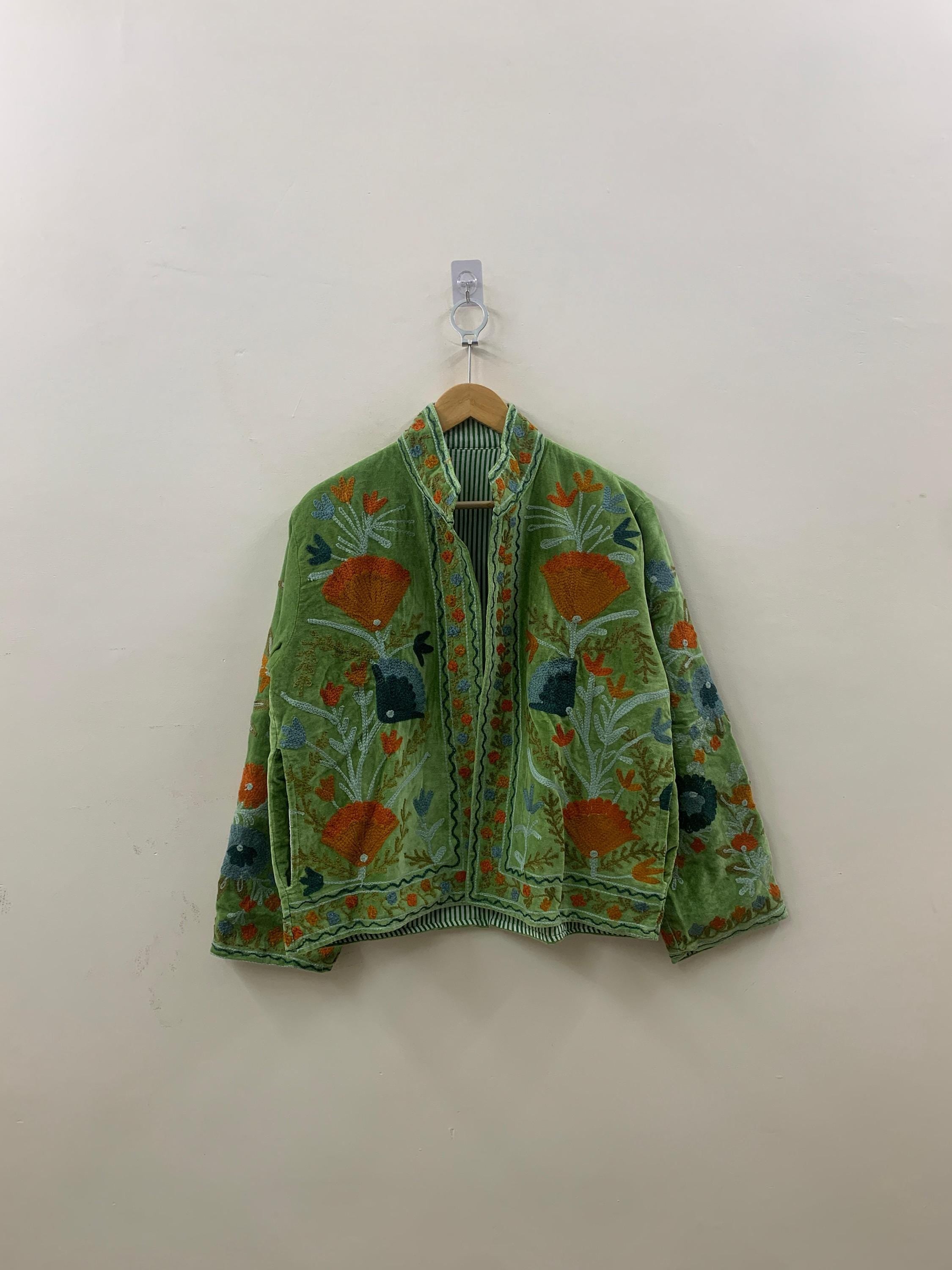 Green Suzani Velvet Short Jacket | Indian Suzani Embroidery Jacket | Winter Wear Women's Jacket | Suzani Coat | Gift For Her | Duster Jacket