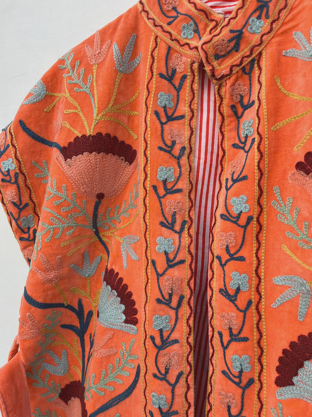 Orange Velvet Suzani Embroidered Vest | Boho Festival Floral Waistcoat | Handmade Ethnic Jacket | Sleeveless Bohemian Layer | Gift for Her