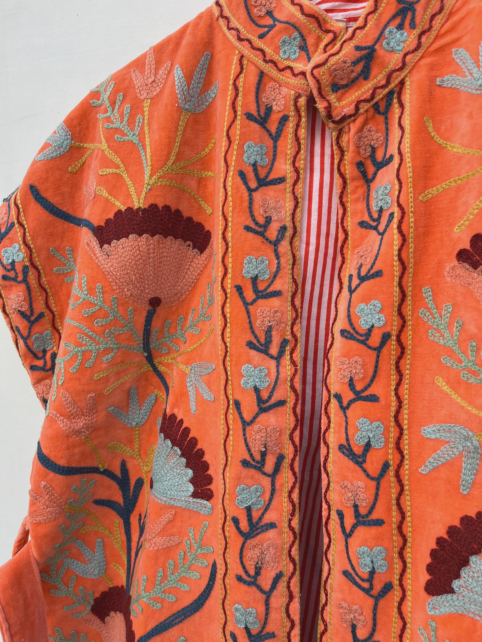 Orange Velvet Suzani Embroidered Vest | Boho Festival Floral Waistcoat | Handmade Ethnic Jacket | Sleeveless Bohemian Layer | Gift for Her