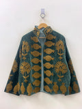 Green Velvet Suzani Embroidered Boho Jacket, Gift For her, Short Festival Coat, Ethnic Bohemian Outerwear ,Winter Boho Coat, Unisex  Jacket